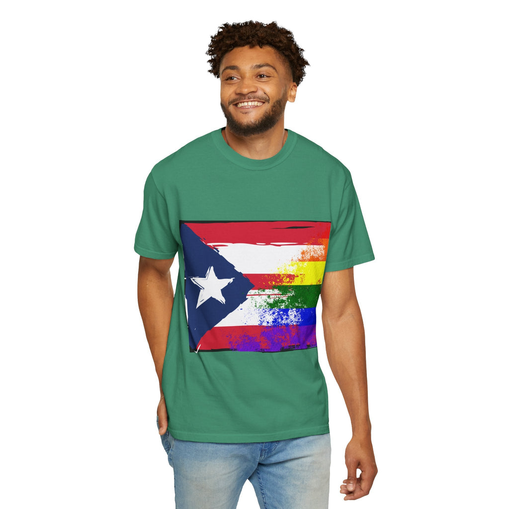 Pride - Themed Unisex Garment - Dyed T-Shirt, Rainbow Puerto Rican Flag Tee, LGBTQ+ Celebration Shirt, Bright & Colorful Pride Attire, [...] - Metamorphosis Creations