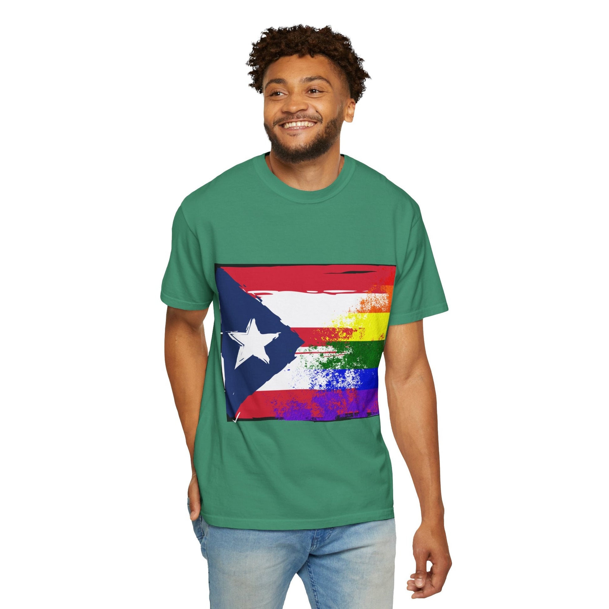 Pride - Themed Unisex Garment - Dyed T-Shirt, Rainbow Puerto Rican Flag Tee, LGBTQ+ Celebration Shirt, Bright & Colorful Pride Attire, [...] - Metamorphosis Creations