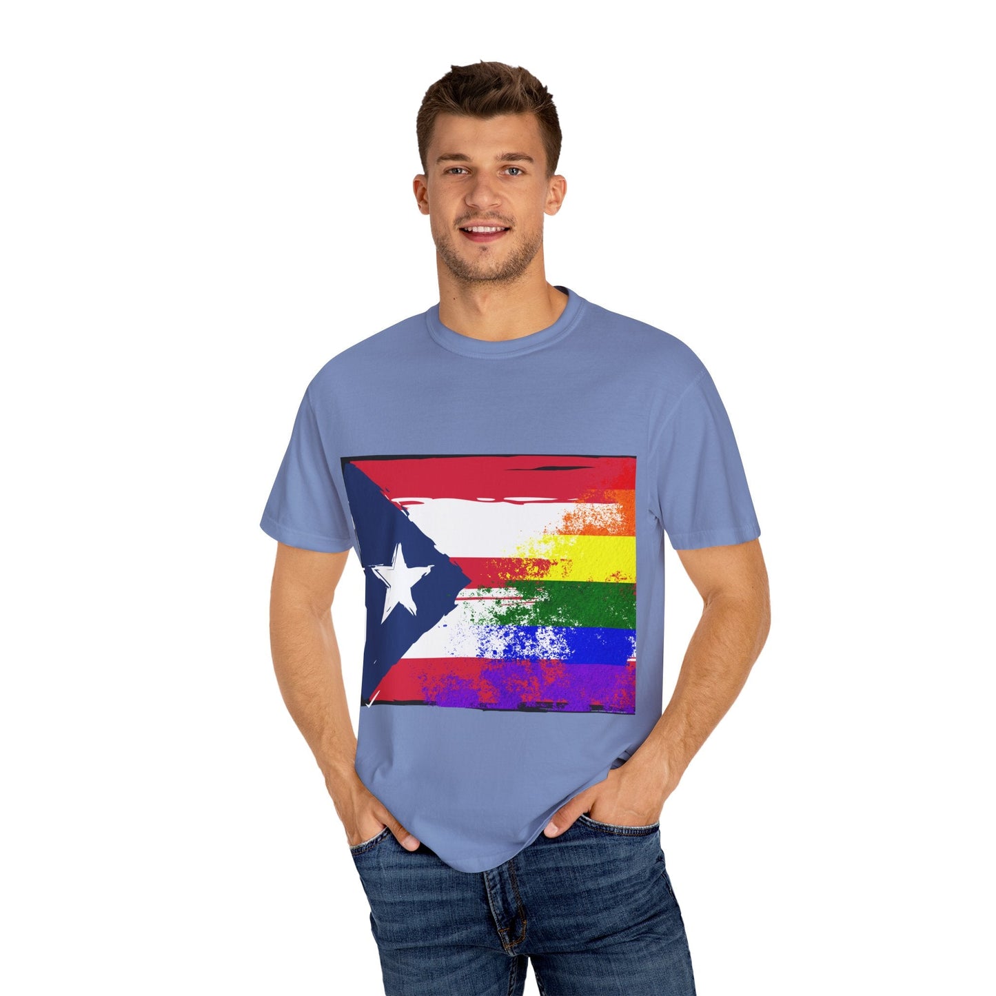 Pride - Themed Unisex Garment - Dyed T-Shirt, Rainbow Puerto Rican Flag Tee, LGBTQ+ Celebration Shirt, Bright & Colorful Pride Attire, [...] - Metamorphosis Creations