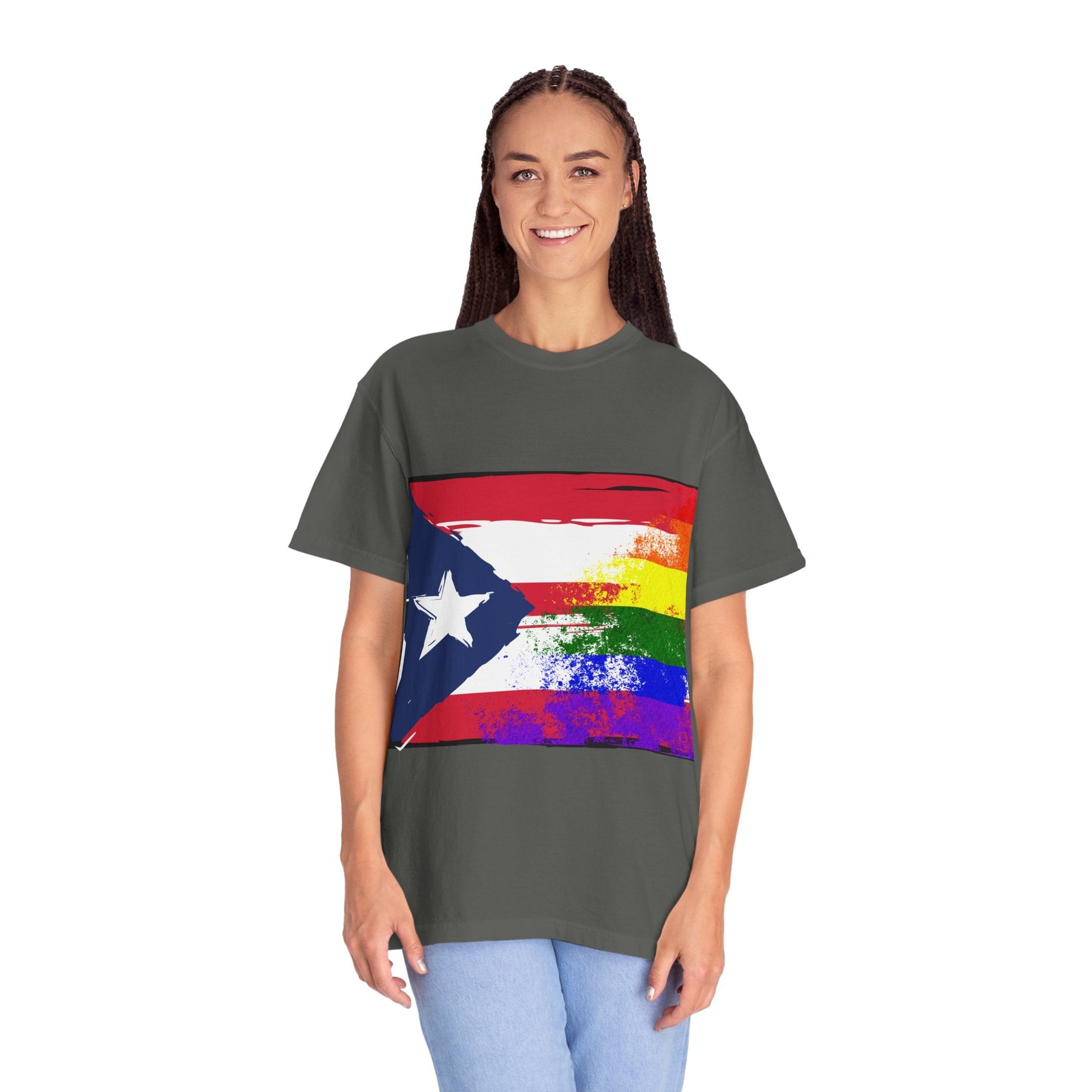 Pride - Themed Unisex Garment - Dyed T-Shirt, Rainbow Puerto Rican Flag Tee, LGBTQ+ Celebration Shirt, Bright & Colorful Pride Attire, [...] - Metamorphosis Creations