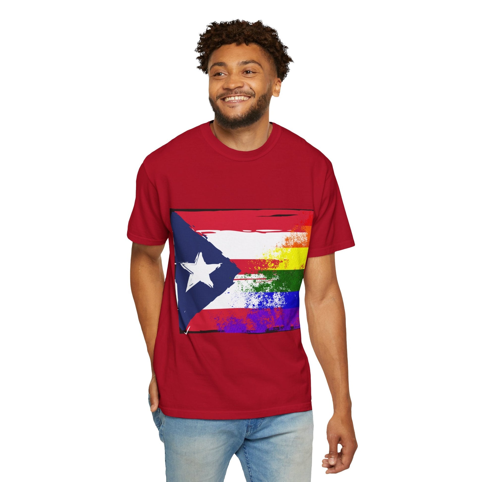 Pride - Themed Unisex Garment - Dyed T-Shirt, Rainbow Puerto Rican Flag Tee, LGBTQ+ Celebration Shirt, Bright & Colorful Pride Attire, [...] - Metamorphosis Creations