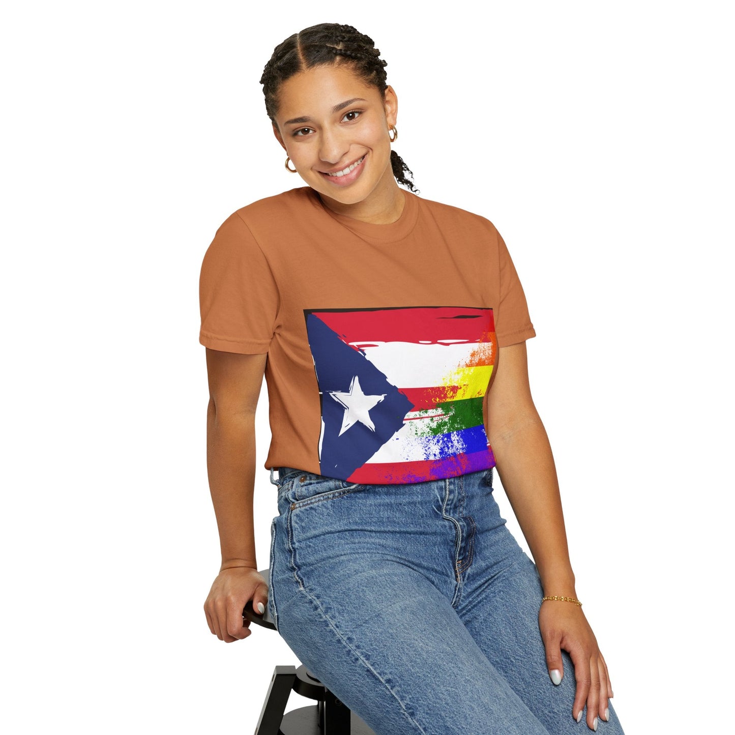Pride - Themed Unisex Garment - Dyed T-Shirt, Rainbow Puerto Rican Flag Tee, LGBTQ+ Celebration Shirt, Bright & Colorful Pride Attire, [...] - Metamorphosis Creations