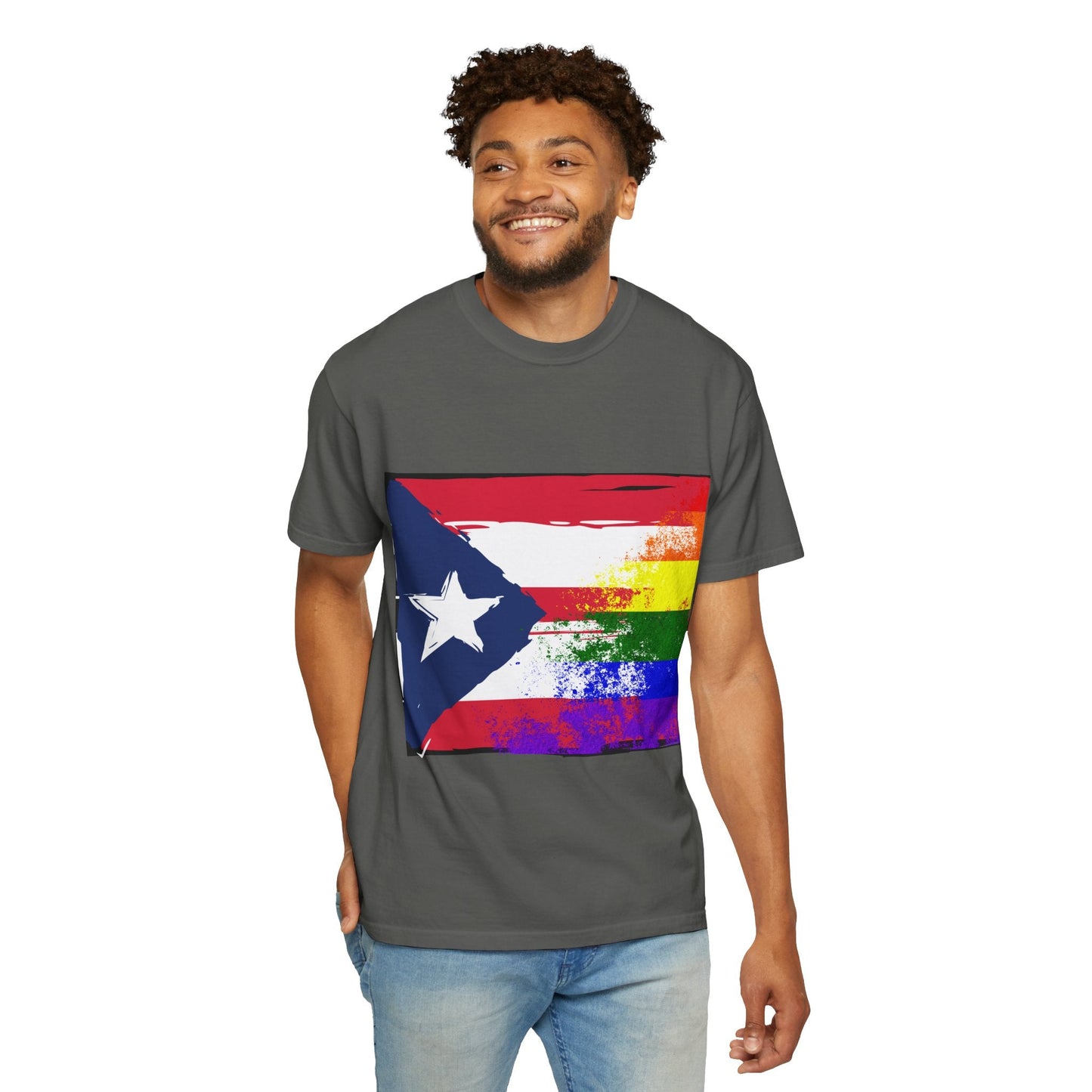 Pride - Themed Unisex Garment - Dyed T-Shirt, Rainbow Puerto Rican Flag Tee, LGBTQ+ Celebration Shirt, Bright & Colorful Pride Attire, [...] - Metamorphosis Creations