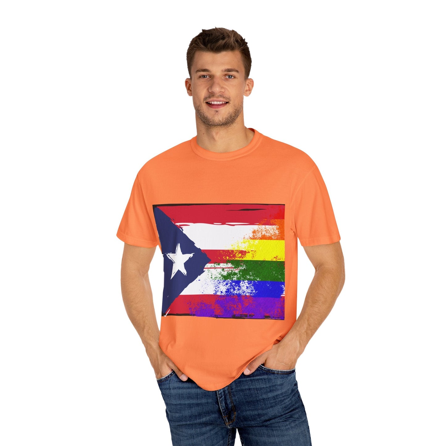 Pride - Themed Unisex Garment - Dyed T-Shirt, Rainbow Puerto Rican Flag Tee, LGBTQ+ Celebration Shirt, Bright & Colorful Pride Attire, [...] - Metamorphosis Creations