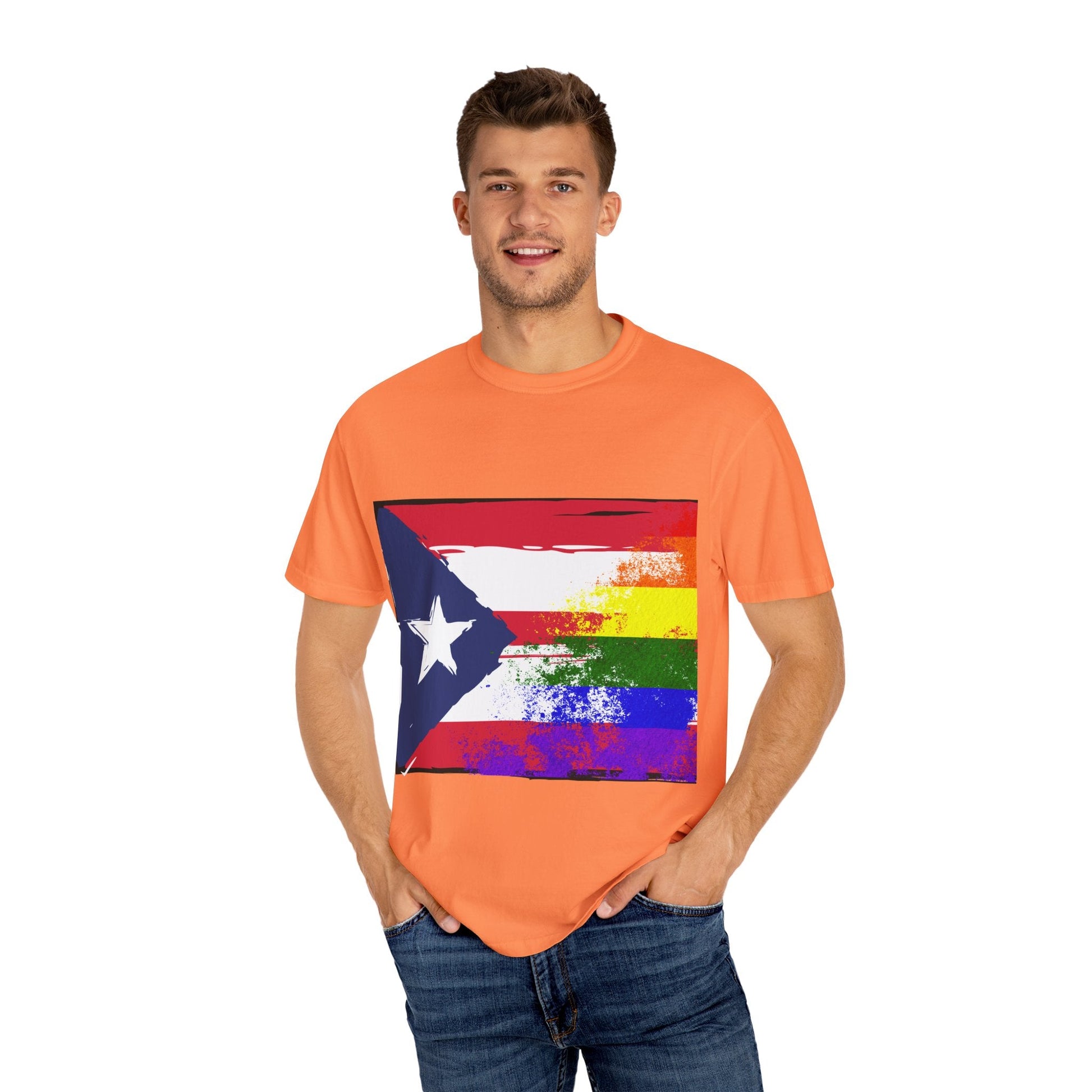 Pride - Themed Unisex Garment - Dyed T-Shirt, Rainbow Puerto Rican Flag Tee, LGBTQ+ Celebration Shirt, Bright & Colorful Pride Attire, [...] - Metamorphosis Creations