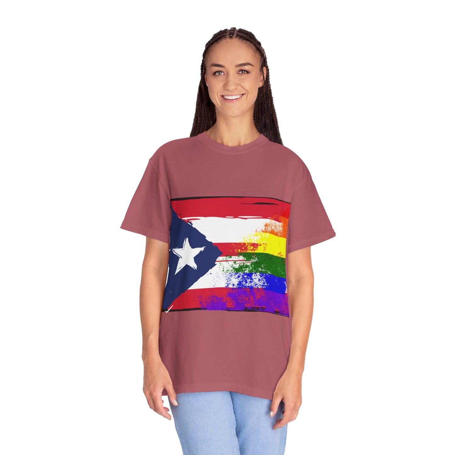 Pride - Themed Unisex Garment - Dyed T-Shirt, Rainbow Puerto Rican Flag Tee, LGBTQ+ Celebration Shirt, Bright & Colorful Pride Attire, [...] - Metamorphosis Creations