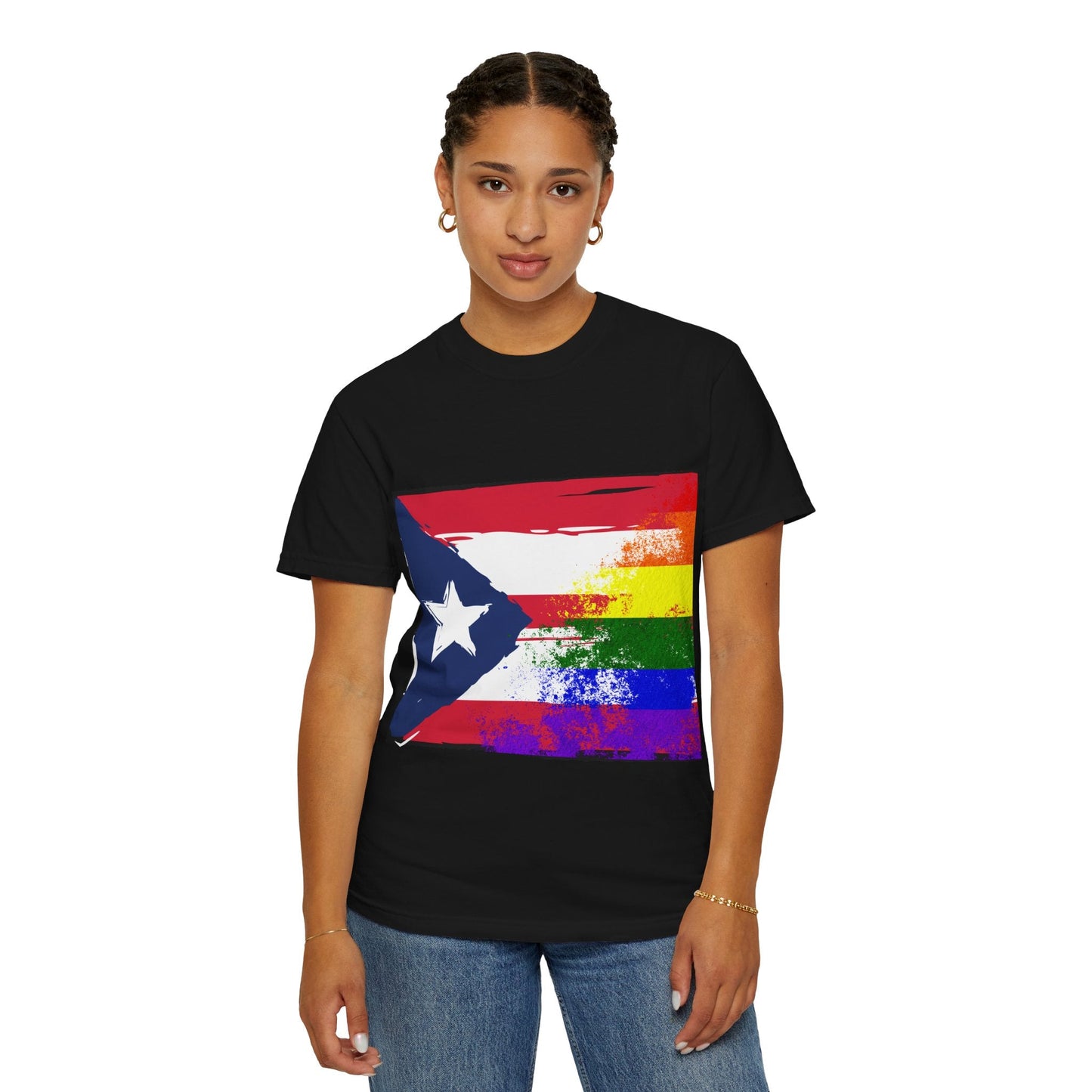 Pride - Themed Unisex Garment - Dyed T-Shirt, Rainbow Puerto Rican Flag Tee, LGBTQ+ Celebration Shirt, Bright & Colorful Pride Attire, [...] - Metamorphosis Creations