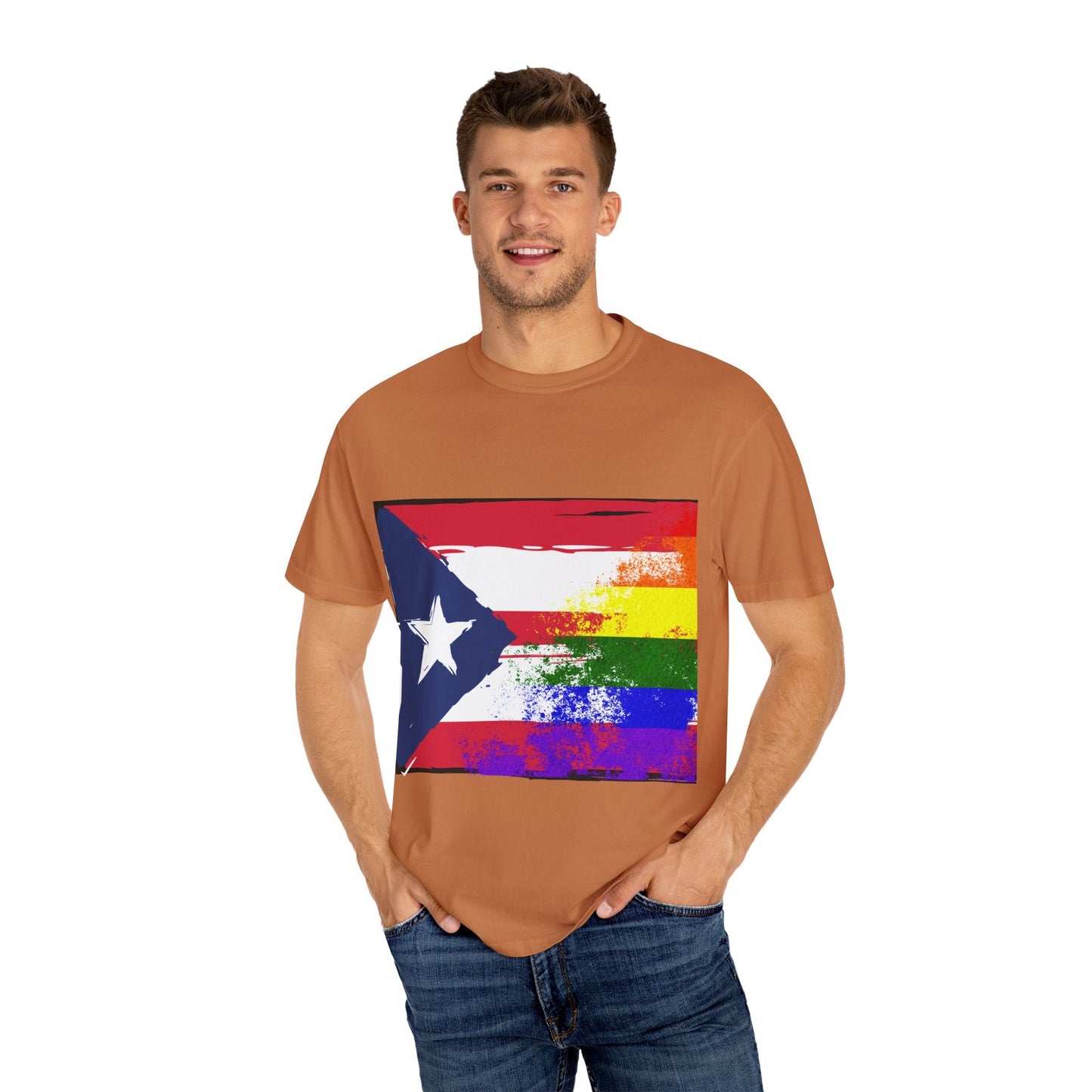 Pride - Themed Unisex Garment - Dyed T-Shirt, Rainbow Puerto Rican Flag Tee, LGBTQ+ Celebration Shirt, Bright & Colorful Pride Attire, [...] - Metamorphosis Creations