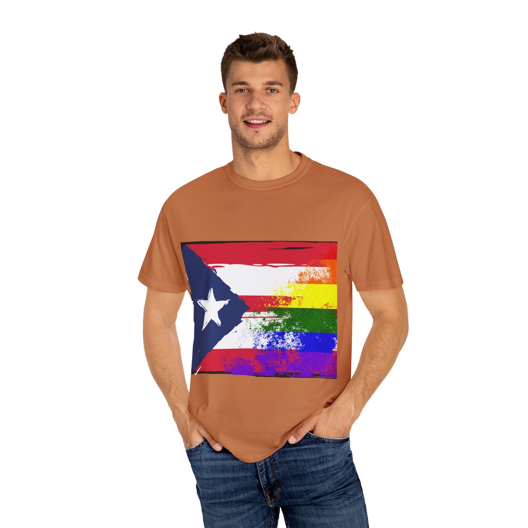 Pride - Themed Unisex Garment - Dyed T-Shirt, Rainbow Puerto Rican Flag Tee, LGBTQ+ Celebration Shirt, Bright & Colorful Pride Attire, [...] - Metamorphosis Creations