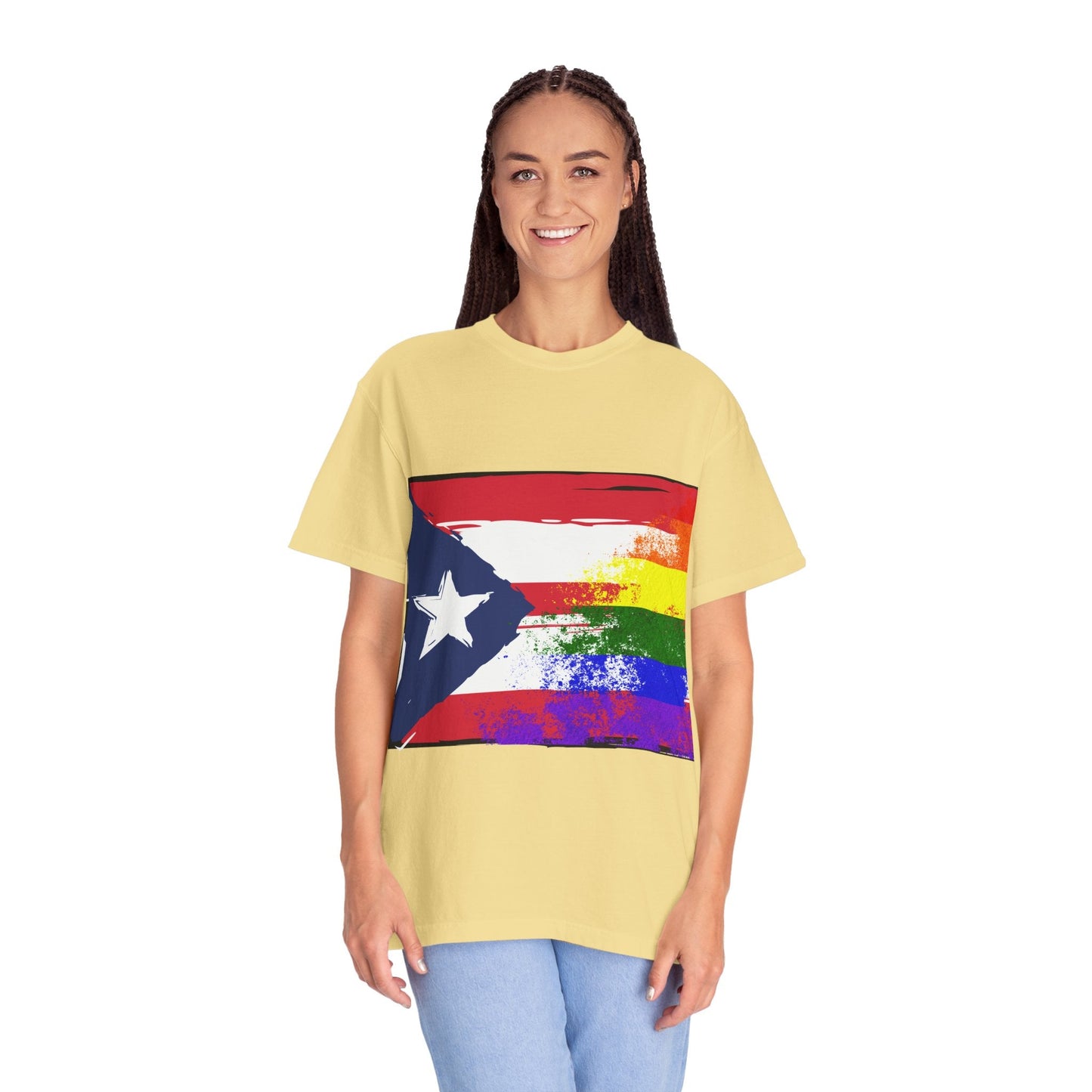 Pride - Themed Unisex Garment - Dyed T-Shirt, Rainbow Puerto Rican Flag Tee, LGBTQ+ Celebration Shirt, Bright & Colorful Pride Attire, [...] - Metamorphosis Creations