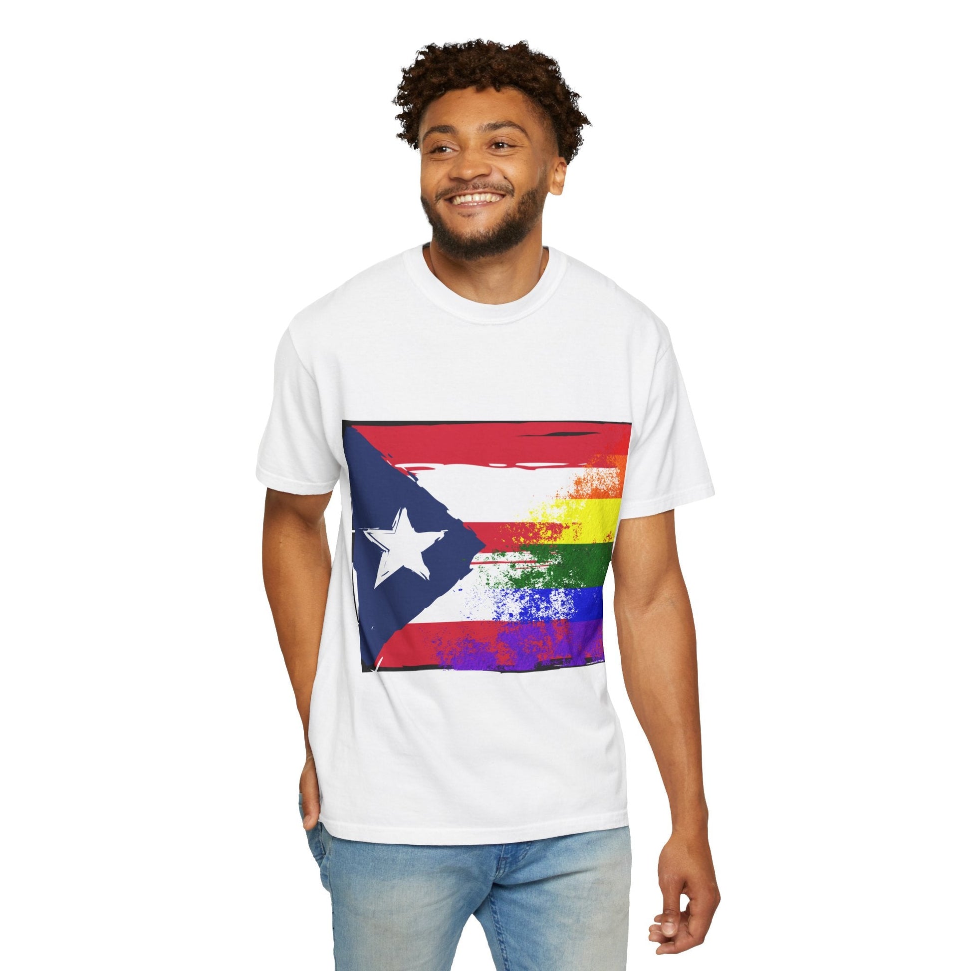 Pride - Themed Unisex Garment - Dyed T-Shirt, Rainbow Puerto Rican Flag Tee, LGBTQ+ Celebration Shirt, Bright & Colorful Pride Attire, [...] - Metamorphosis Creations