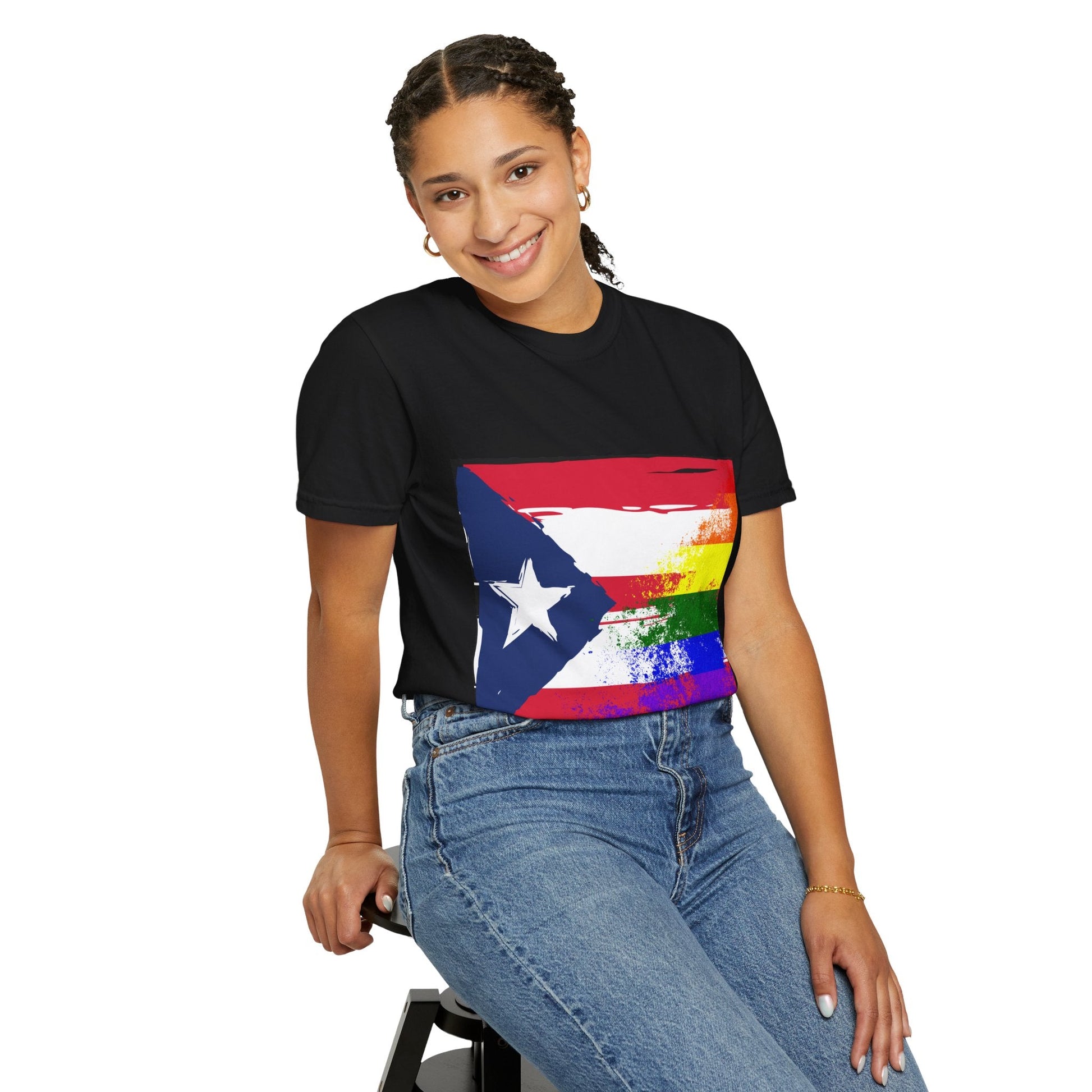 Pride - Themed Unisex Garment - Dyed T-Shirt, Rainbow Puerto Rican Flag Tee, LGBTQ+ Celebration Shirt, Bright & Colorful Pride Attire, [...] - Metamorphosis Creations