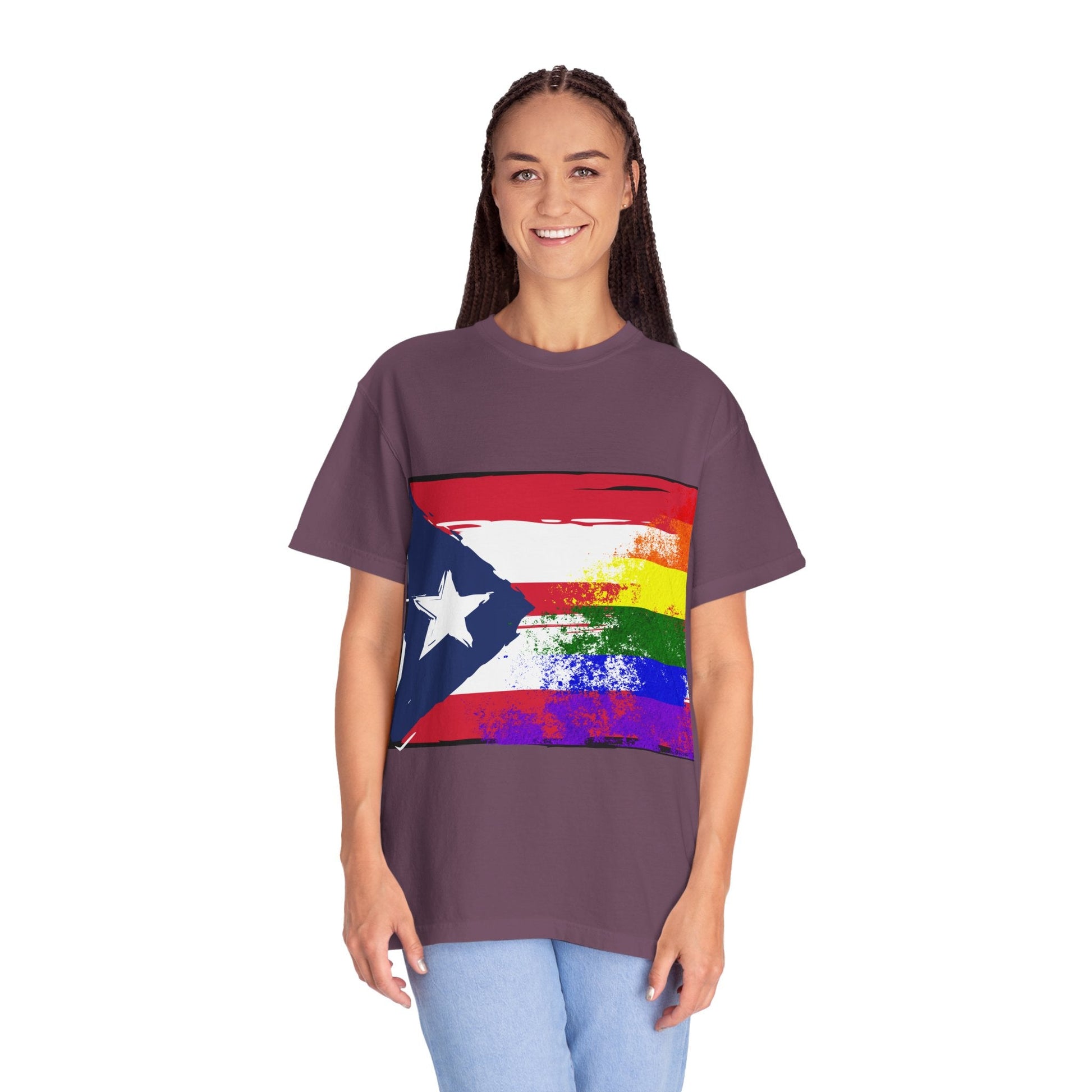 Pride - Themed Unisex Garment - Dyed T-Shirt, Rainbow Puerto Rican Flag Tee, LGBTQ+ Celebration Shirt, Bright & Colorful Pride Attire, [...] - Metamorphosis Creations