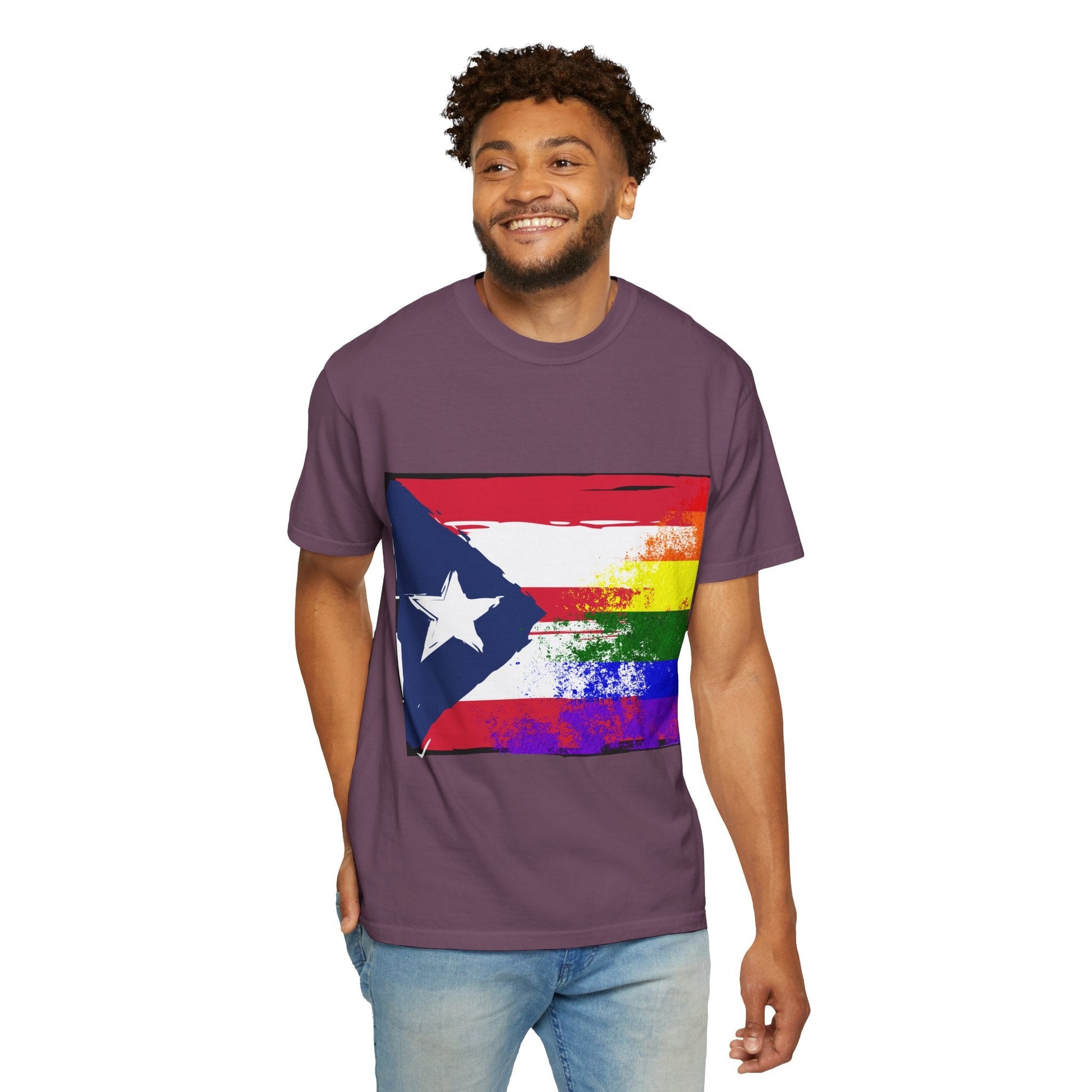 Pride - Themed Unisex Garment - Dyed T-Shirt, Rainbow Puerto Rican Flag Tee, LGBTQ+ Celebration Shirt, Bright & Colorful Pride Attire, [...] - Metamorphosis Creations