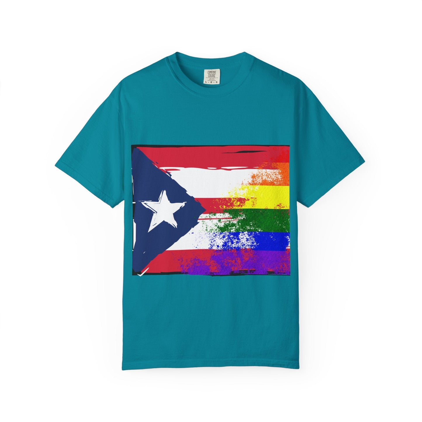 Pride - Themed Unisex Garment - Dyed T-Shirt, Rainbow Puerto Rican Flag Tee, LGBTQ+ Celebration Shirt, Bright & Colorful Pride Attire, [...] - Metamorphosis Creations