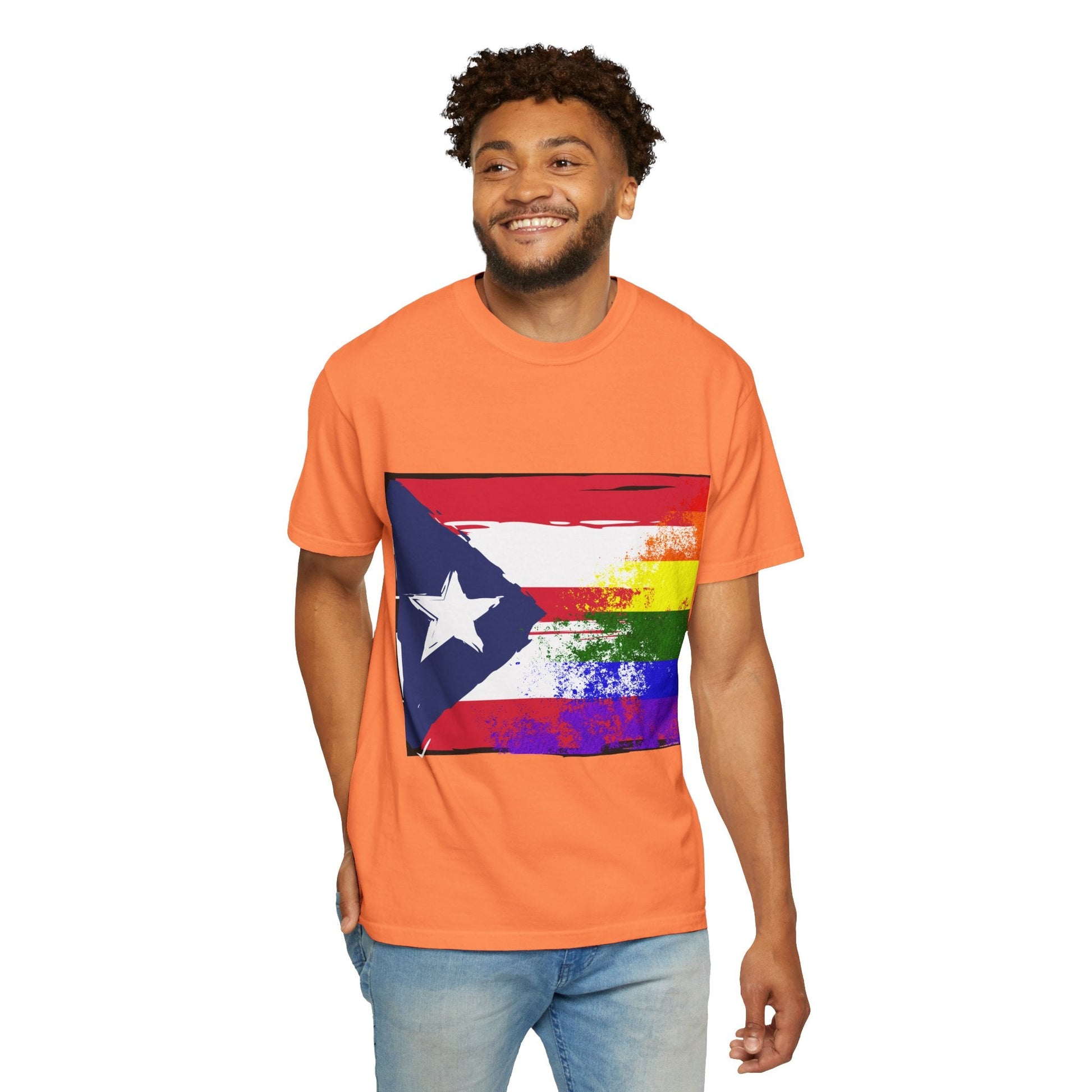 Pride - Themed Unisex Garment - Dyed T-Shirt, Rainbow Puerto Rican Flag Tee, LGBTQ+ Celebration Shirt, Bright & Colorful Pride Attire, [...] - Metamorphosis Creations