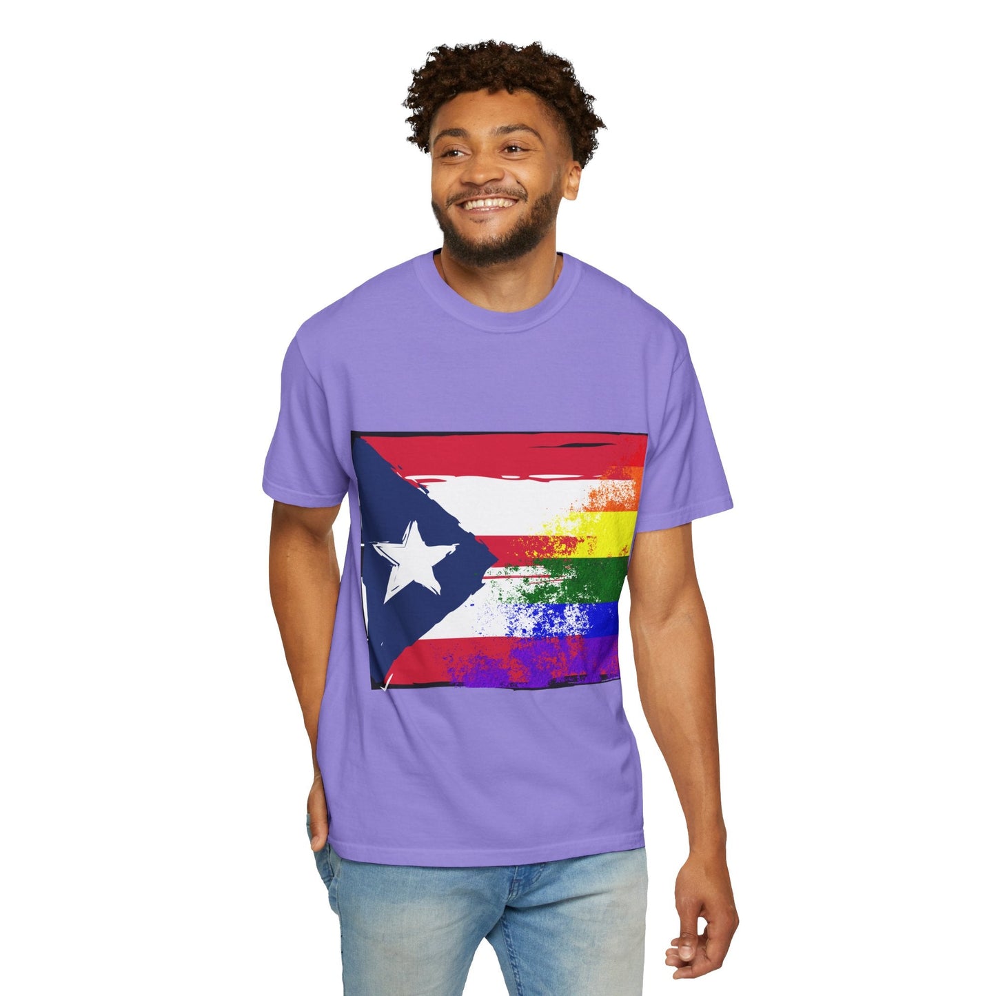 Pride - Themed Unisex Garment - Dyed T-Shirt, Rainbow Puerto Rican Flag Tee, LGBTQ+ Celebration Shirt, Bright & Colorful Pride Attire, [...] - Metamorphosis Creations