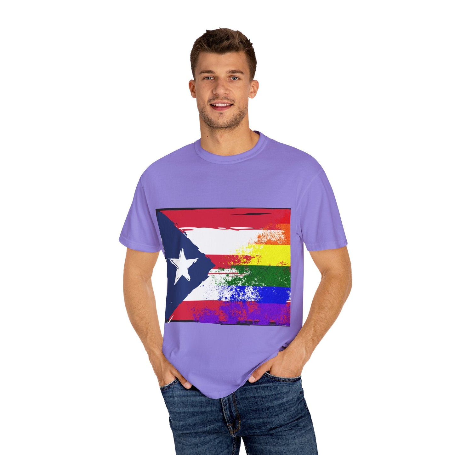 Pride - Themed Unisex Garment - Dyed T-Shirt, Rainbow Puerto Rican Flag Tee, LGBTQ+ Celebration Shirt, Bright & Colorful Pride Attire, [...] - Metamorphosis Creations