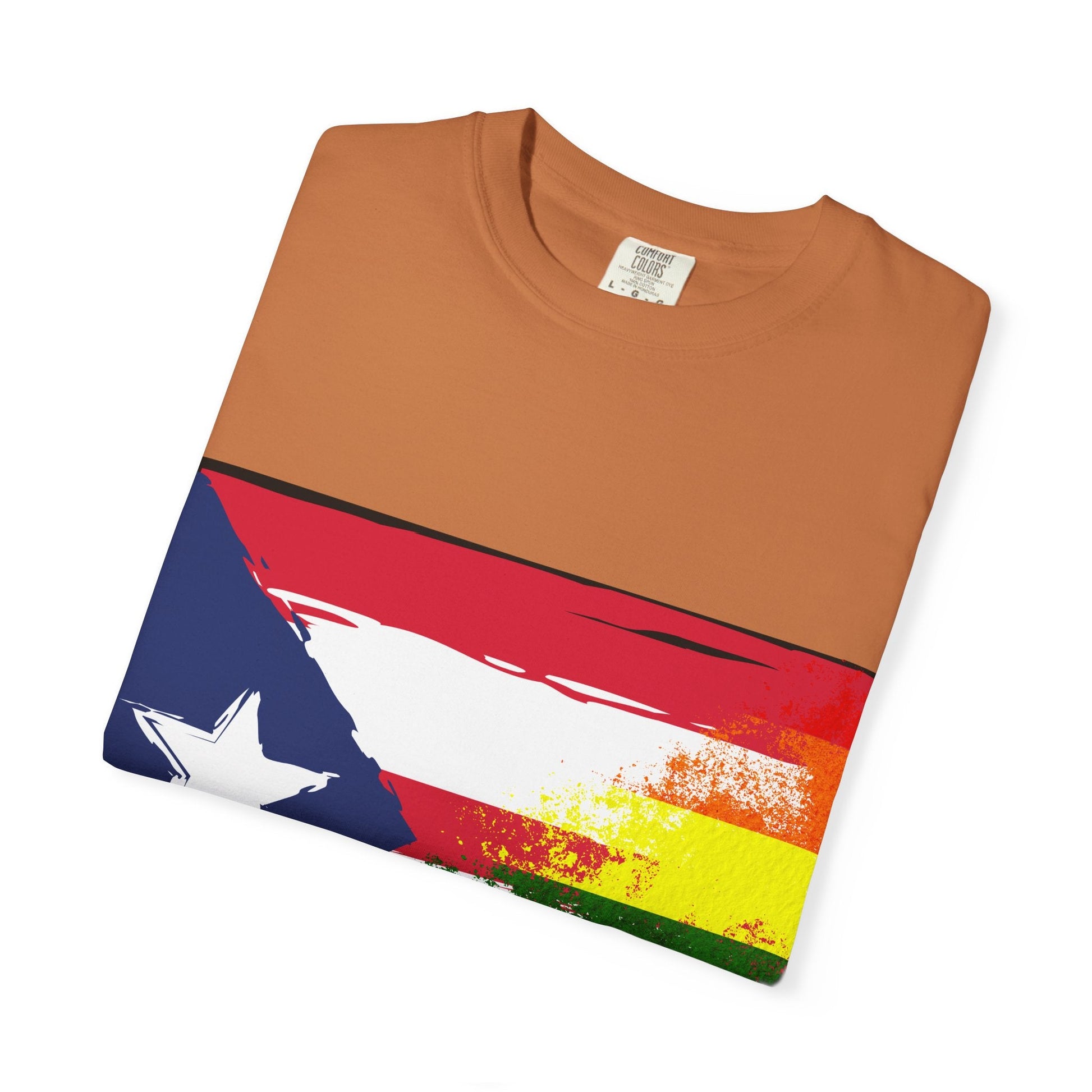 Pride - Themed Unisex Garment - Dyed T-Shirt, Rainbow Puerto Rican Flag Tee, LGBTQ+ Celebration Shirt, Bright & Colorful Pride Attire, [...] - Metamorphosis Creations