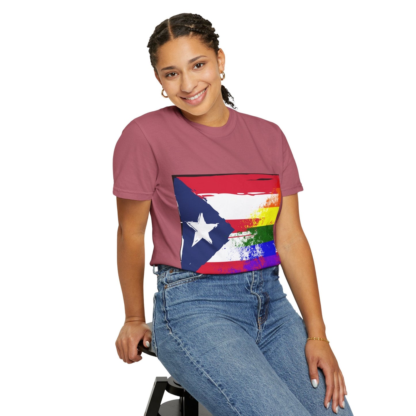 Pride - Themed Unisex Garment - Dyed T-Shirt, Rainbow Puerto Rican Flag Tee, LGBTQ+ Celebration Shirt, Bright & Colorful Pride Attire, [...] - Metamorphosis Creations