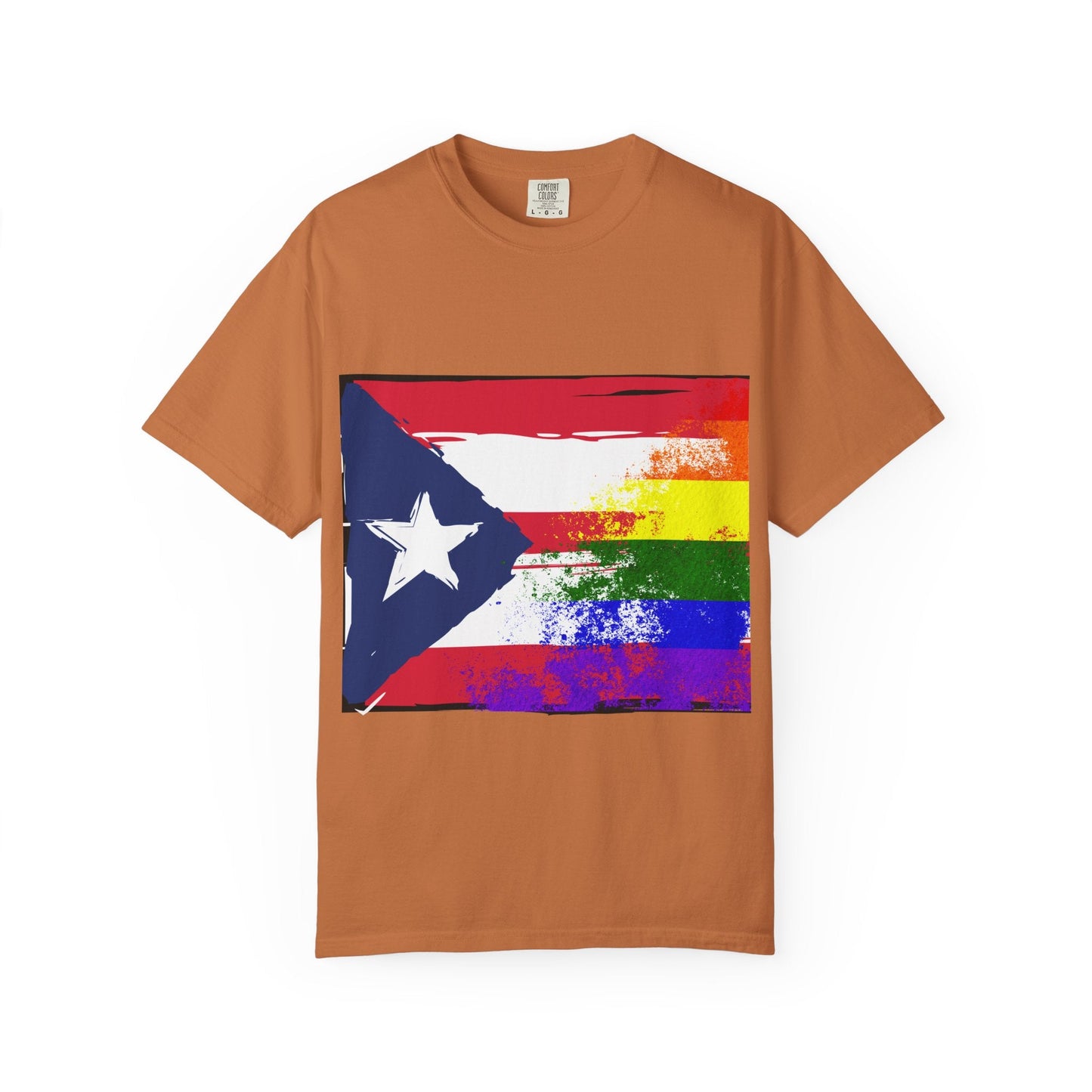Pride - Themed Unisex Garment - Dyed T-Shirt, Rainbow Puerto Rican Flag Tee, LGBTQ+ Celebration Shirt, Bright & Colorful Pride Attire, [...] - Metamorphosis Creations