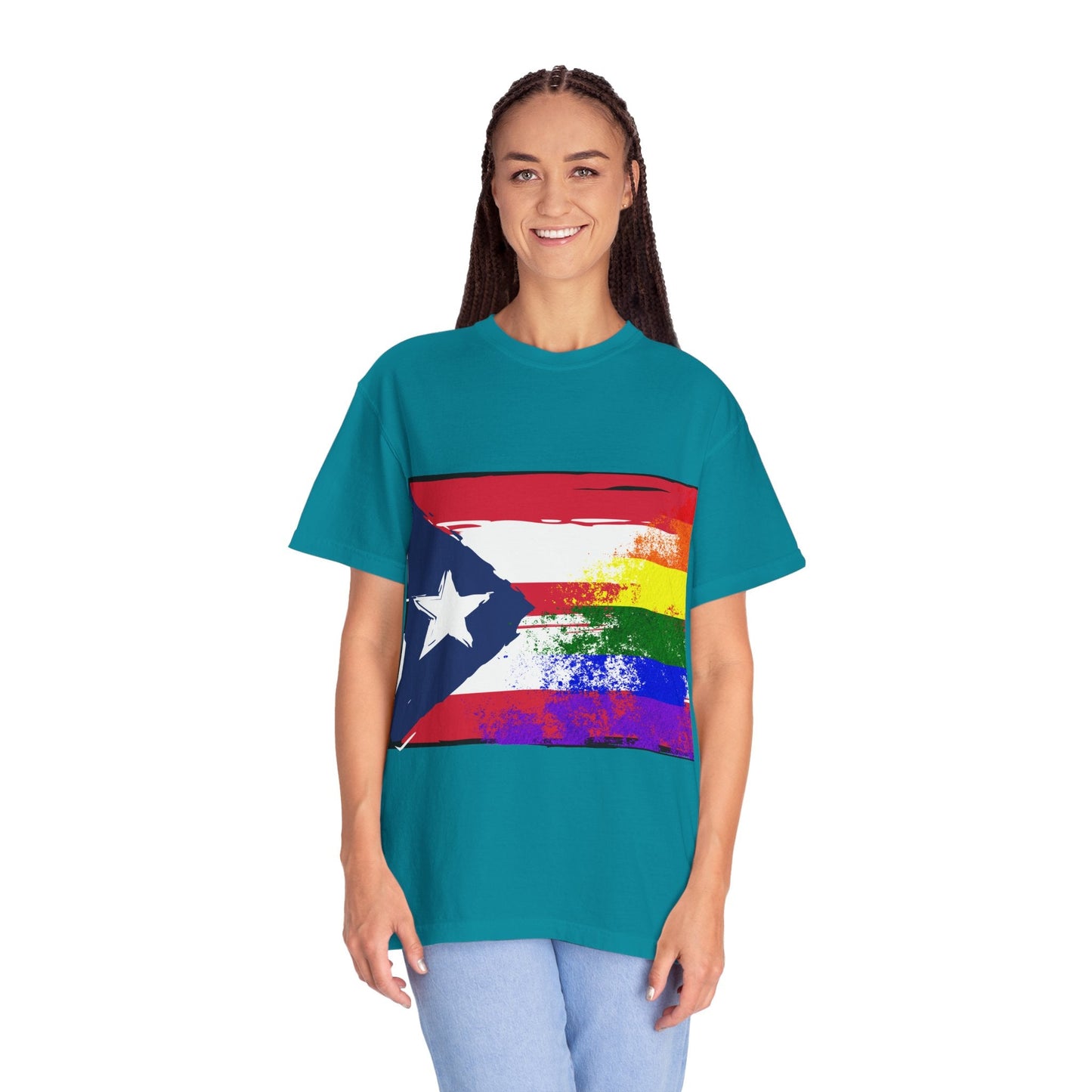 Pride - Themed Unisex Garment - Dyed T-Shirt, Rainbow Puerto Rican Flag Tee, LGBTQ+ Celebration Shirt, Bright & Colorful Pride Attire, [...] - Metamorphosis Creations