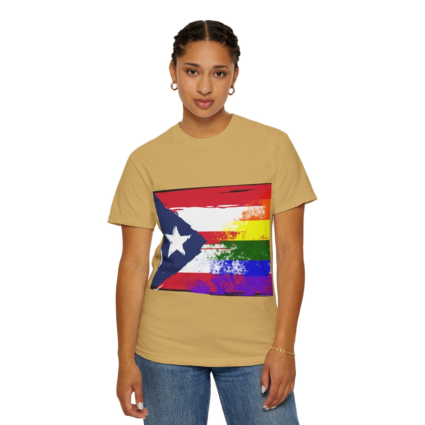 Pride - Themed Unisex Garment - Dyed T-Shirt, Rainbow Puerto Rican Flag Tee, LGBTQ+ Celebration Shirt, Bright & Colorful Pride Attire, [...] - Metamorphosis Creations