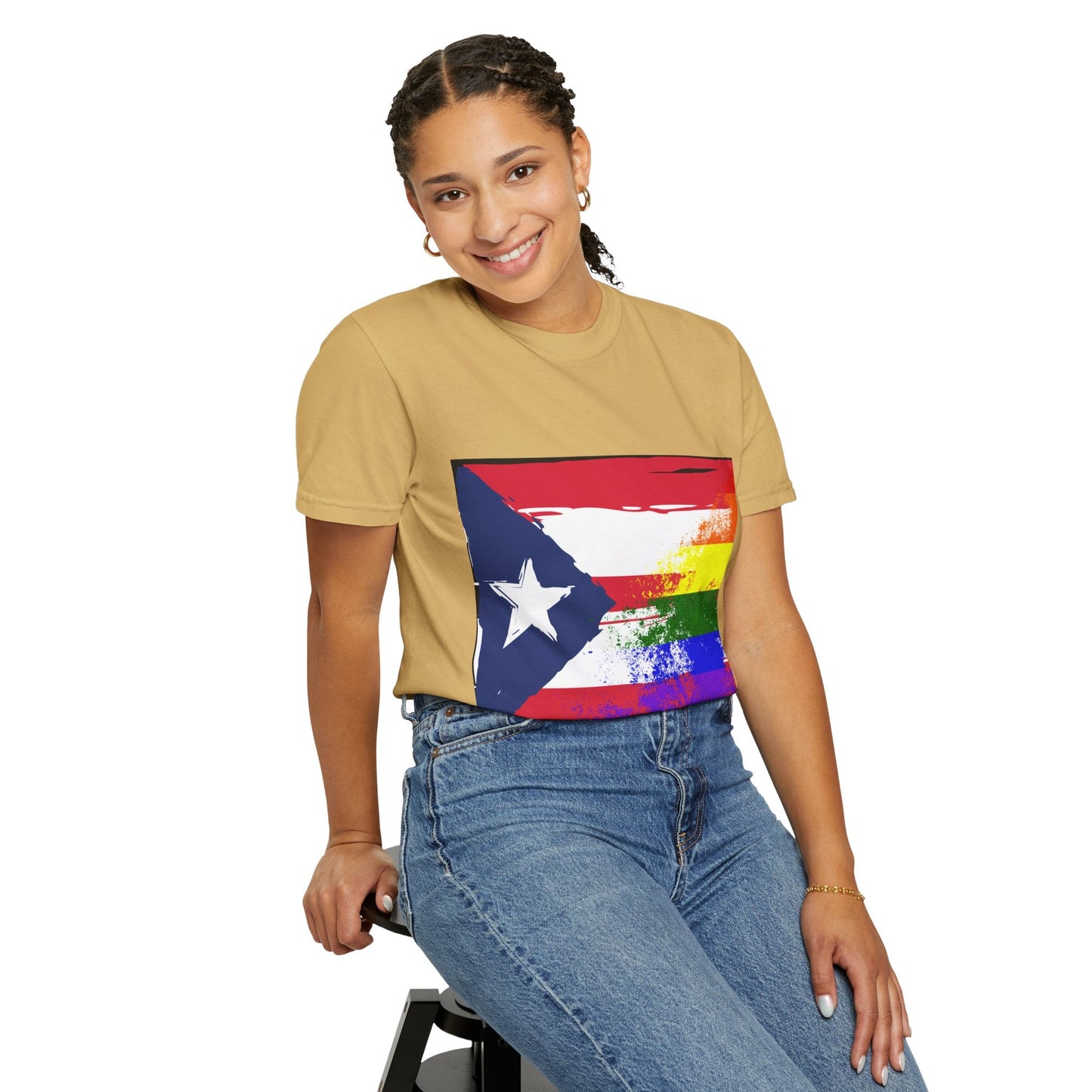 Pride - Themed Unisex Garment - Dyed T-Shirt, Rainbow Puerto Rican Flag Tee, LGBTQ+ Celebration Shirt, Bright & Colorful Pride Attire, [...] - Metamorphosis Creations