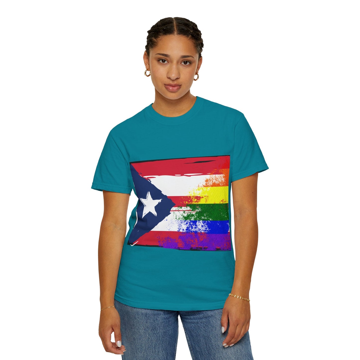 Pride - Themed Unisex Garment - Dyed T-Shirt, Rainbow Puerto Rican Flag Tee, LGBTQ+ Celebration Shirt, Bright & Colorful Pride Attire, [...] - Metamorphosis Creations