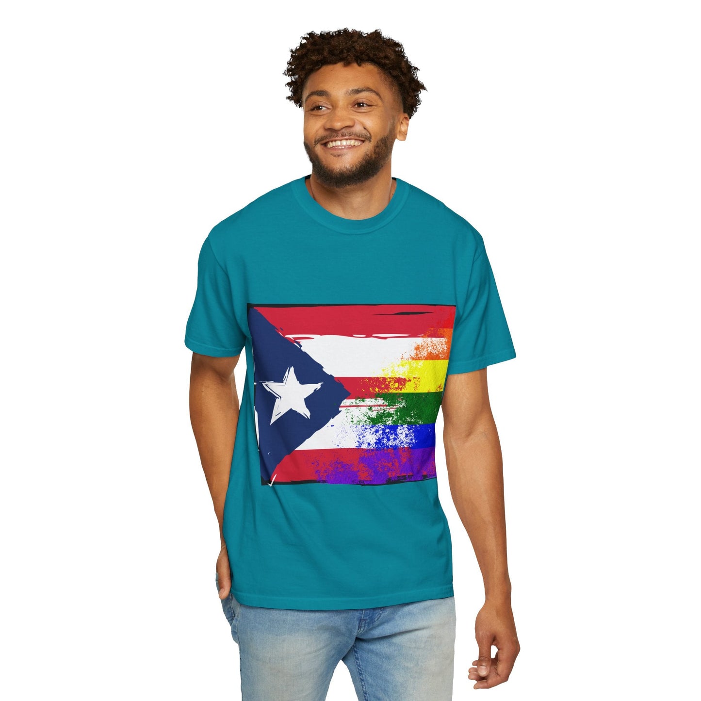 Pride - Themed Unisex Garment - Dyed T-Shirt, Rainbow Puerto Rican Flag Tee, LGBTQ+ Celebration Shirt, Bright & Colorful Pride Attire, [...] - Metamorphosis Creations