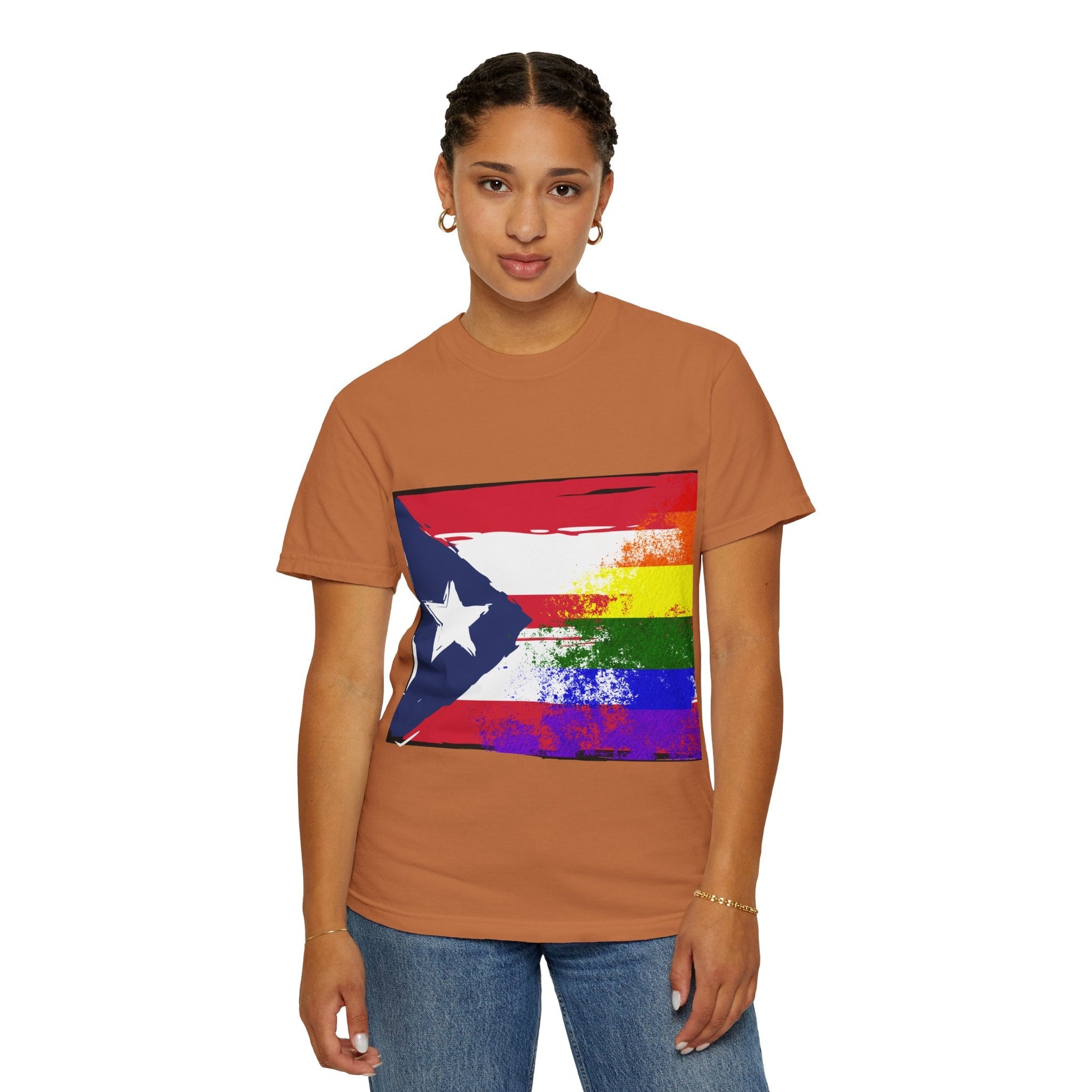 Pride - Themed Unisex Garment - Dyed T-Shirt, Rainbow Puerto Rican Flag Tee, LGBTQ+ Celebration Shirt, Bright & Colorful Pride Attire, [...] - Metamorphosis Creations
