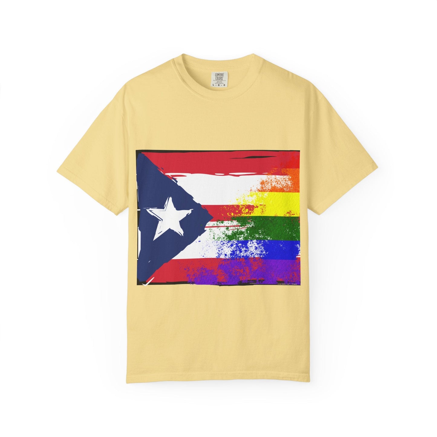 Pride - Themed Unisex Garment - Dyed T-Shirt, Rainbow Puerto Rican Flag Tee, LGBTQ+ Celebration Shirt, Bright & Colorful Pride Attire, [...] - Metamorphosis Creations