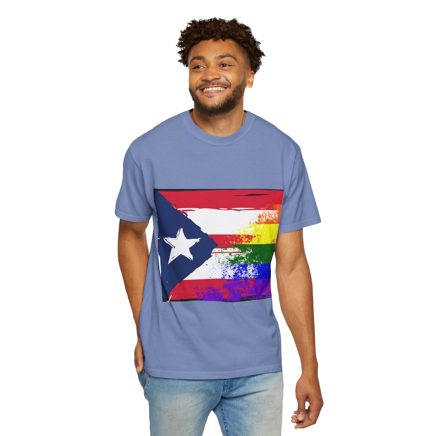 Pride - Themed Unisex Garment - Dyed T-Shirt, Rainbow Puerto Rican Flag Tee, LGBTQ+ Celebration Shirt, Bright & Colorful Pride Attire, [...] - Metamorphosis Creations