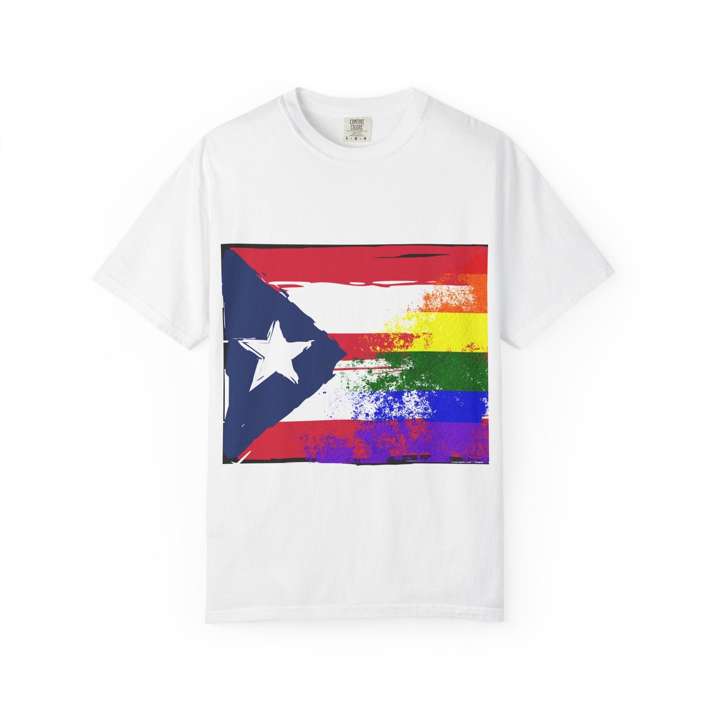 Pride - Themed Unisex Garment - Dyed T-Shirt, Rainbow Puerto Rican Flag Tee, LGBTQ+ Celebration Shirt, Bright & Colorful Pride Attire, [...] - Metamorphosis Creations