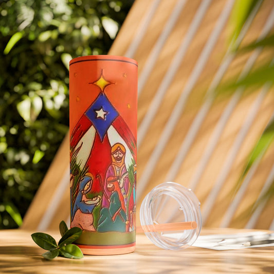Puerto Rican Christmas Vibrant Nativity Skinny Tumbler, 20oz – Colorful Christmas Travel Mug, Holiday Gift, Personalized Drinkware, Festive Straw Cup - Metamorphosis Creations