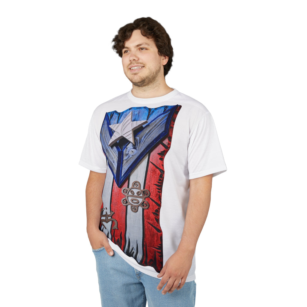 Puerto Rican Pride Unisex Cut & Sew Tee, AOP Boricua Flag Shirt, Vibrant Graphic Tee, Cultural Apparel, Boriken tee - Metamorphosis Creations