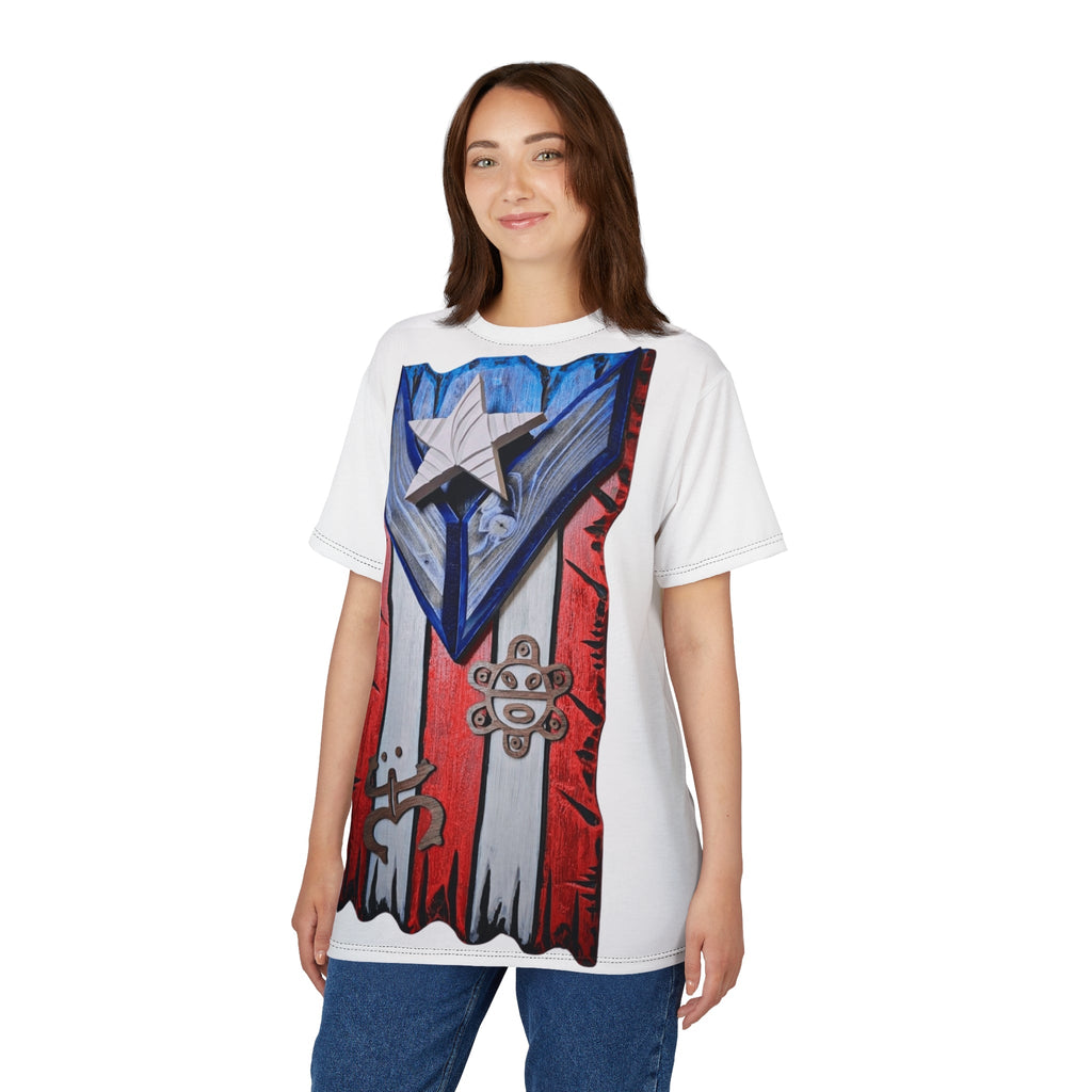 Puerto Rican Pride Unisex Cut & Sew Tee, AOP Boricua Flag Shirt, Vibrant Graphic Tee, Cultural Apparel, Boriken tee - Metamorphosis Creations