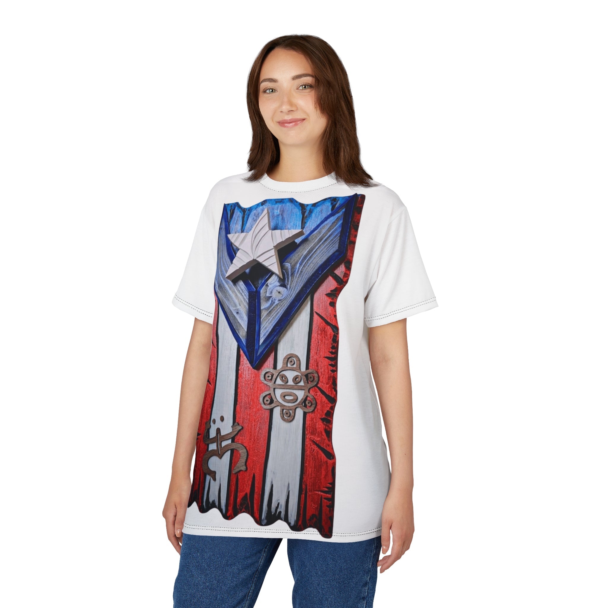 Puerto Rican Pride Unisex Cut & Sew Tee, AOP Boricua Flag Shirt, Vibrant Graphic Tee, Cultural Apparel, Boriken tee - Metamorphosis Creations