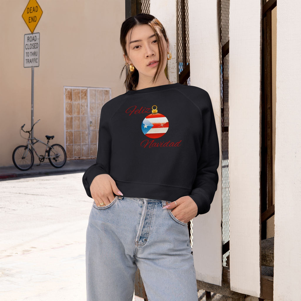 Puerto Rican Tradition Festive Cropped Fleece Pullover with Puerto Rican Flag Ornament Design, Cozy Holiday Sweater, Casual Winter Top, Christmas Gift, [...] - Metamorphosis Creations