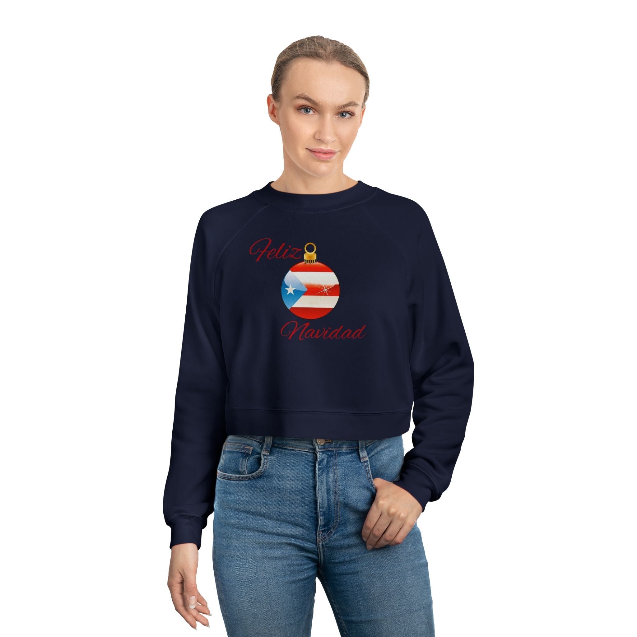 Puerto Rican Tradition Festive Cropped Fleece Pullover with Puerto Rican Flag Ornament Design, Cozy Holiday Sweater, Casual Winter Top, Christmas Gift, [...] - Metamorphosis Creations