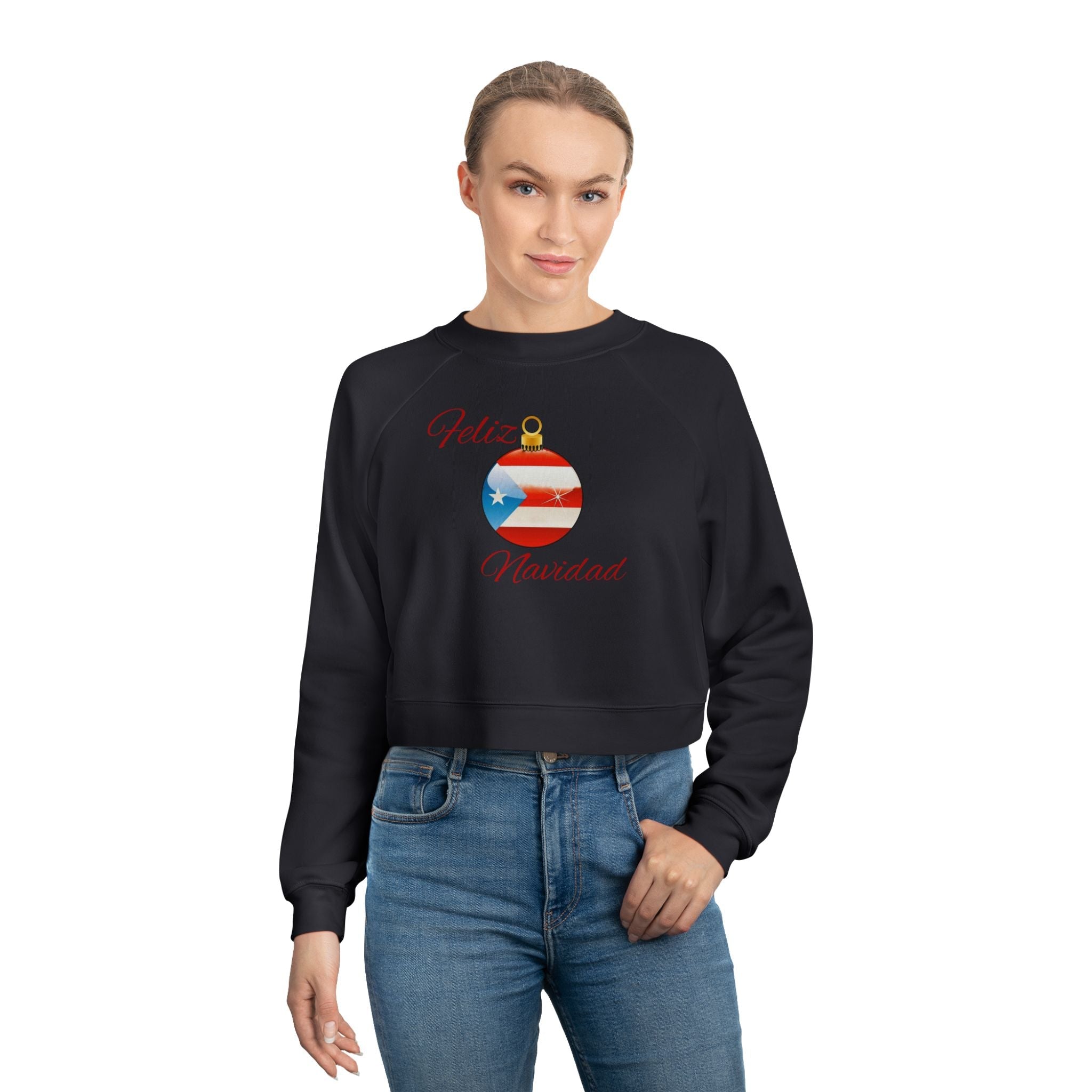 Puerto Rican Tradition Festive Cropped Fleece Pullover with Puerto Rican Flag Ornament Design, Cozy Holiday Sweater, Casual Winter Top, Christmas Gift, [...] - Metamorphosis Creations