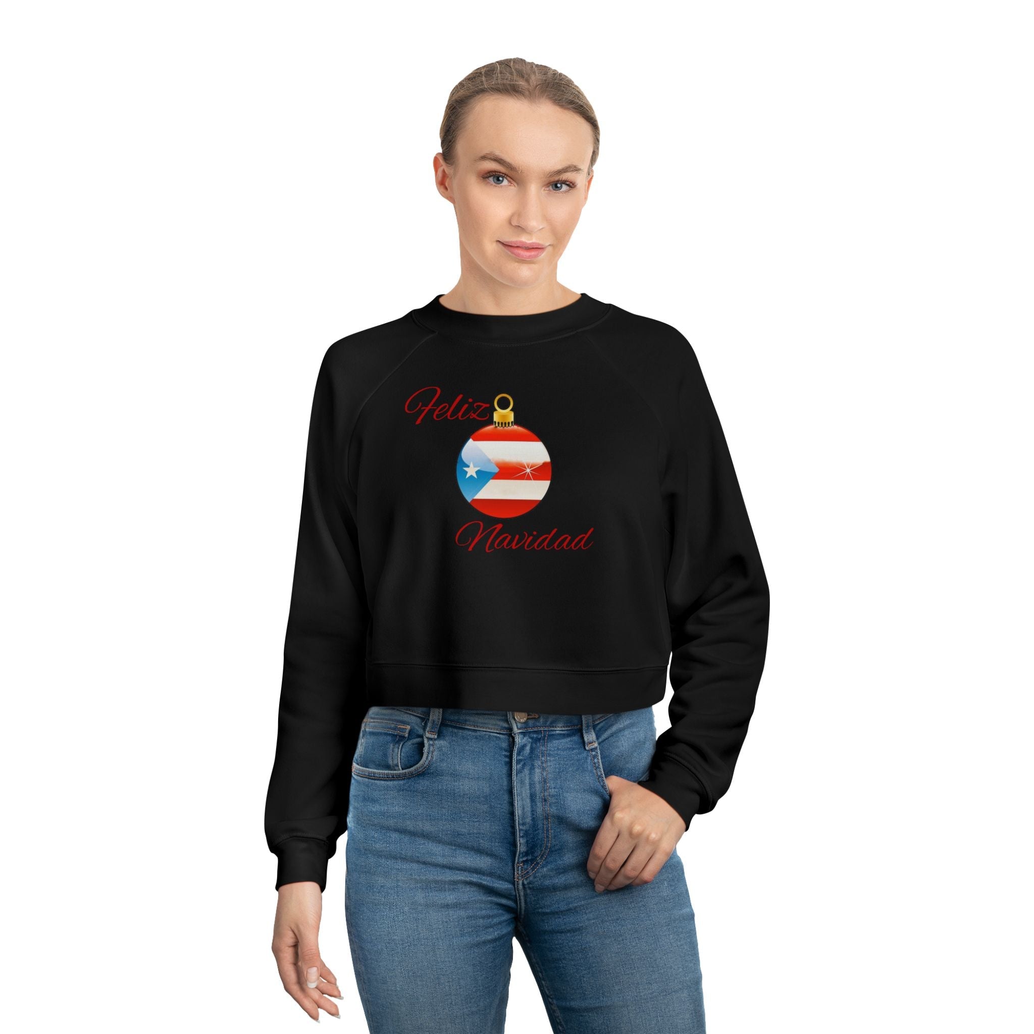 Puerto Rican Tradition Festive Cropped Fleece Pullover with Puerto Rican Flag Ornament Design, Cozy Holiday Sweater, Casual Winter Top, Christmas Gift, [...] - Metamorphosis Creations