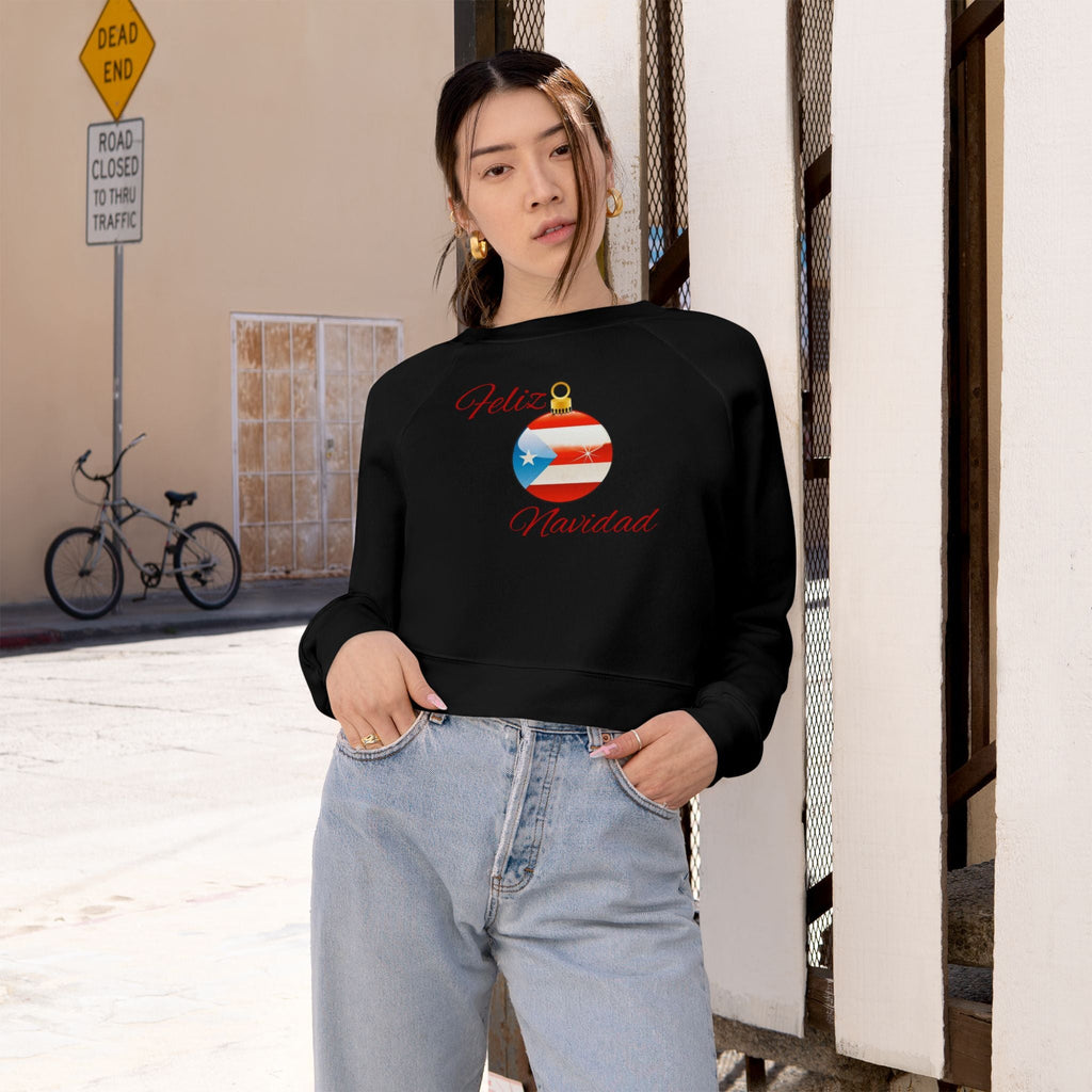 Puerto Rican Tradition Festive Cropped Fleece Pullover with Puerto Rican Flag Ornament Design, Cozy Holiday Sweater, Casual Winter Top, Christmas Gift, [...] - Metamorphosis Creations