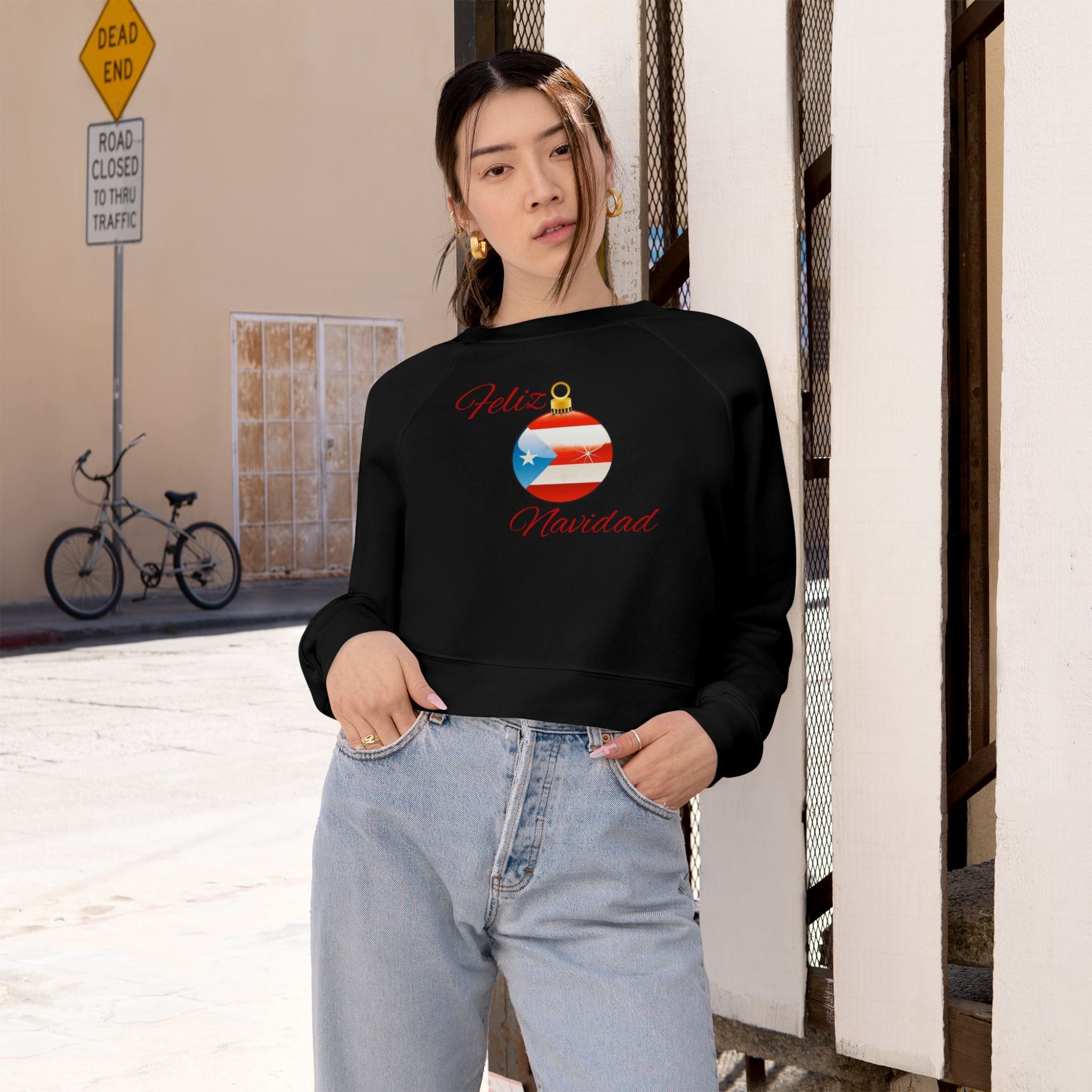 Puerto Rican Tradition Festive Cropped Fleece Pullover with Puerto Rican Flag Ornament Design, Cozy Holiday Sweater, Casual Winter Top, Christmas Gift, [...] - Metamorphosis Creations