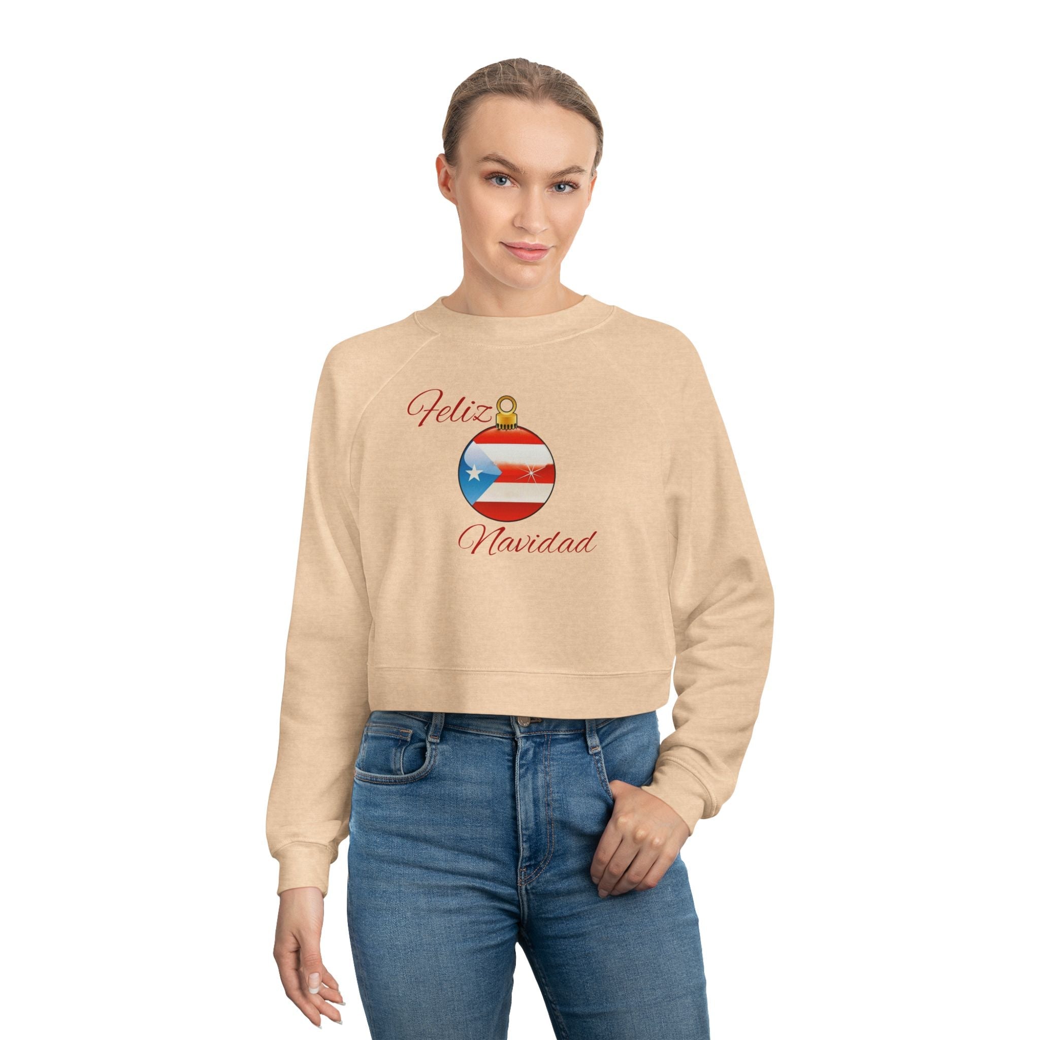 Puerto Rican Tradition Festive Cropped Fleece Pullover with Puerto Rican Flag Ornament Design, Cozy Holiday Sweater, Casual Winter Top, Christmas Gift, [...] - Metamorphosis Creations