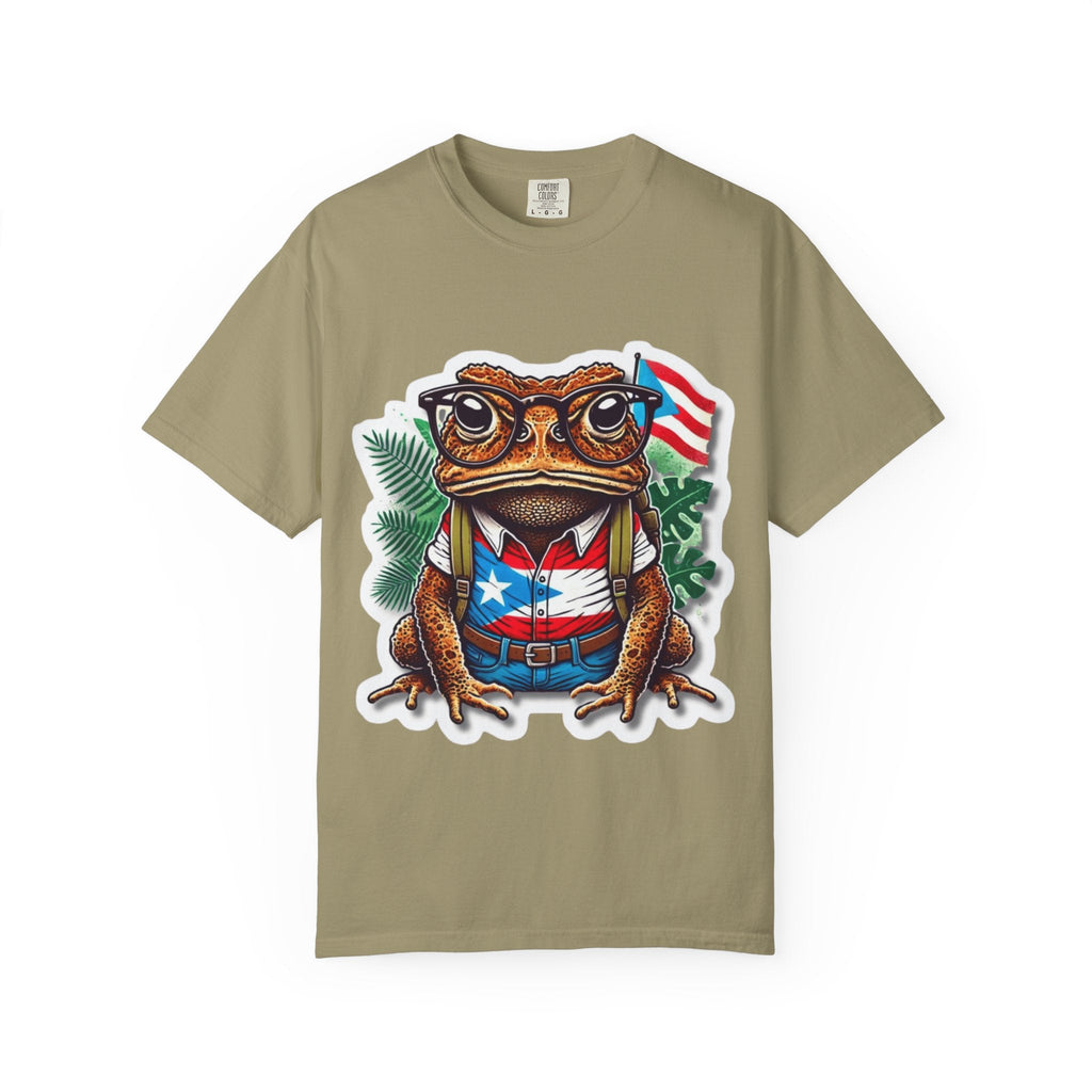 Puerto rico Patriotic Frog T-Shirt, Unisex Garment - Dyed Tee for Nature Lovers, Summer Parties, Luce tu orgullo puertorriqueño con estilo PR - Metamorphosis Creations