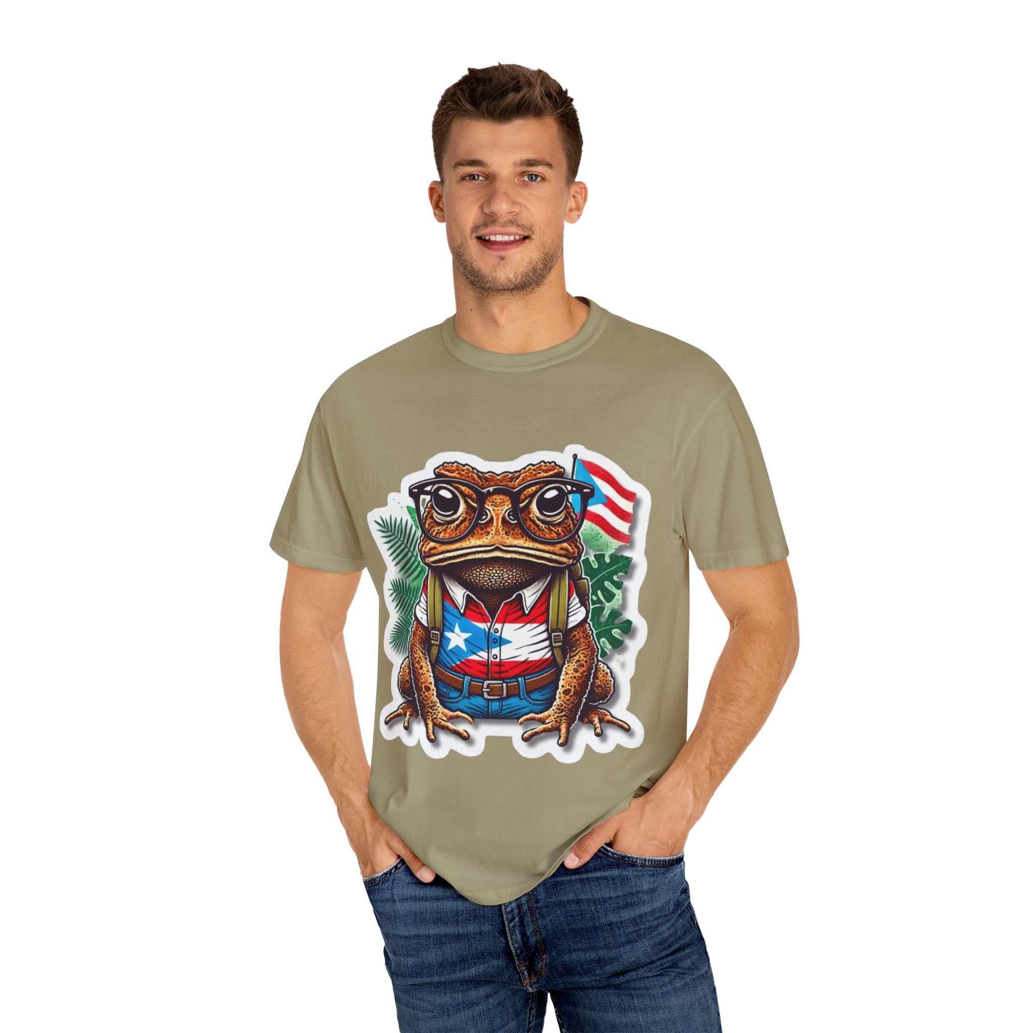 Puerto rico Patriotic Frog T-Shirt, Unisex Garment - Dyed Tee for Nature Lovers, Summer Parties, Luce tu orgullo puertorriqueño con estilo PR - Metamorphosis Creations