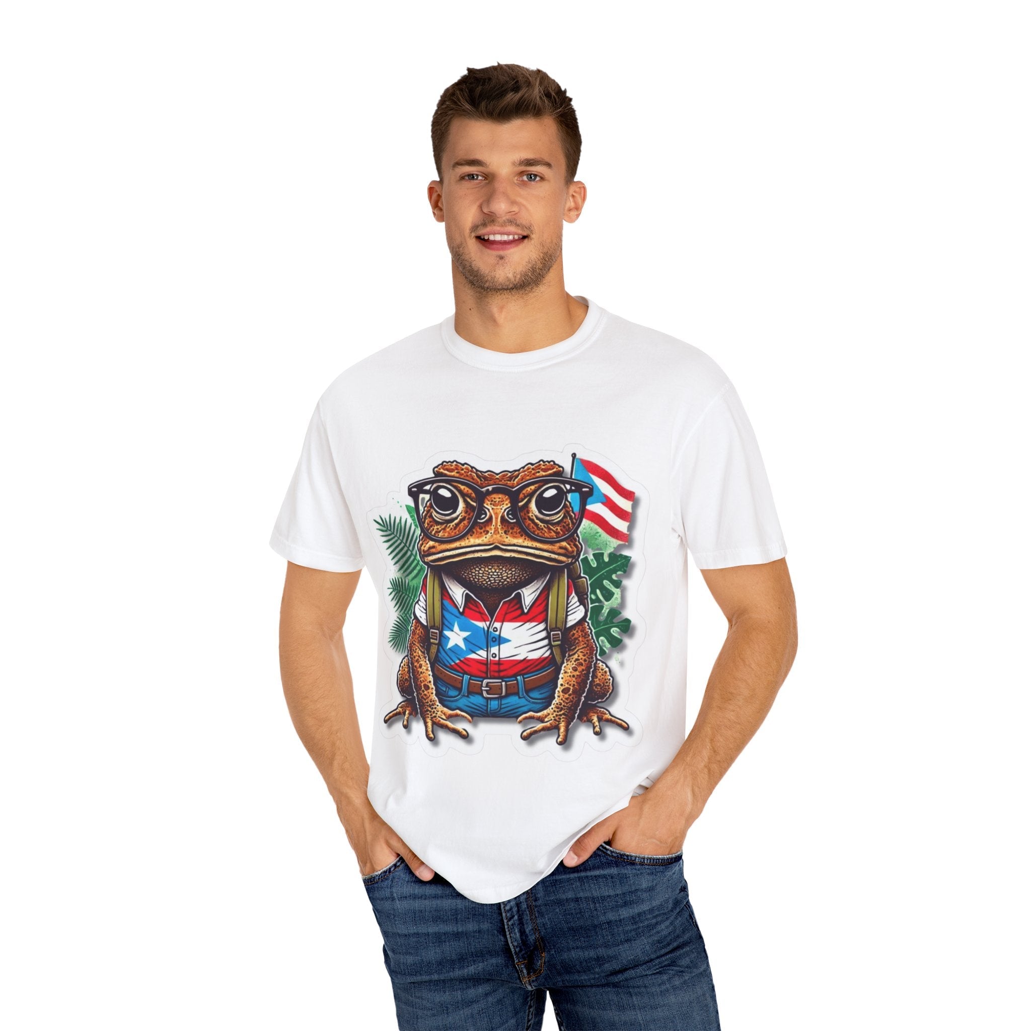 Puerto rico Patriotic Frog T-Shirt, Unisex Garment - Dyed Tee for Nature Lovers, Summer Parties, Luce tu orgullo puertorriqueño con estilo PR - Metamorphosis Creations