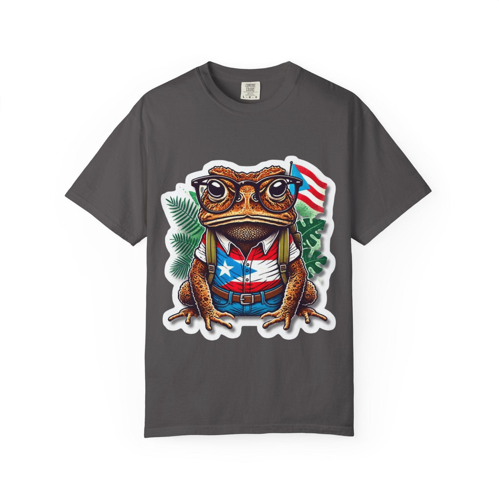 Puerto rico Patriotic Frog T-Shirt, Unisex Garment - Dyed Tee for Nature Lovers, Summer Parties, Luce tu orgullo puertorriqueño con estilo PR - Metamorphosis Creations