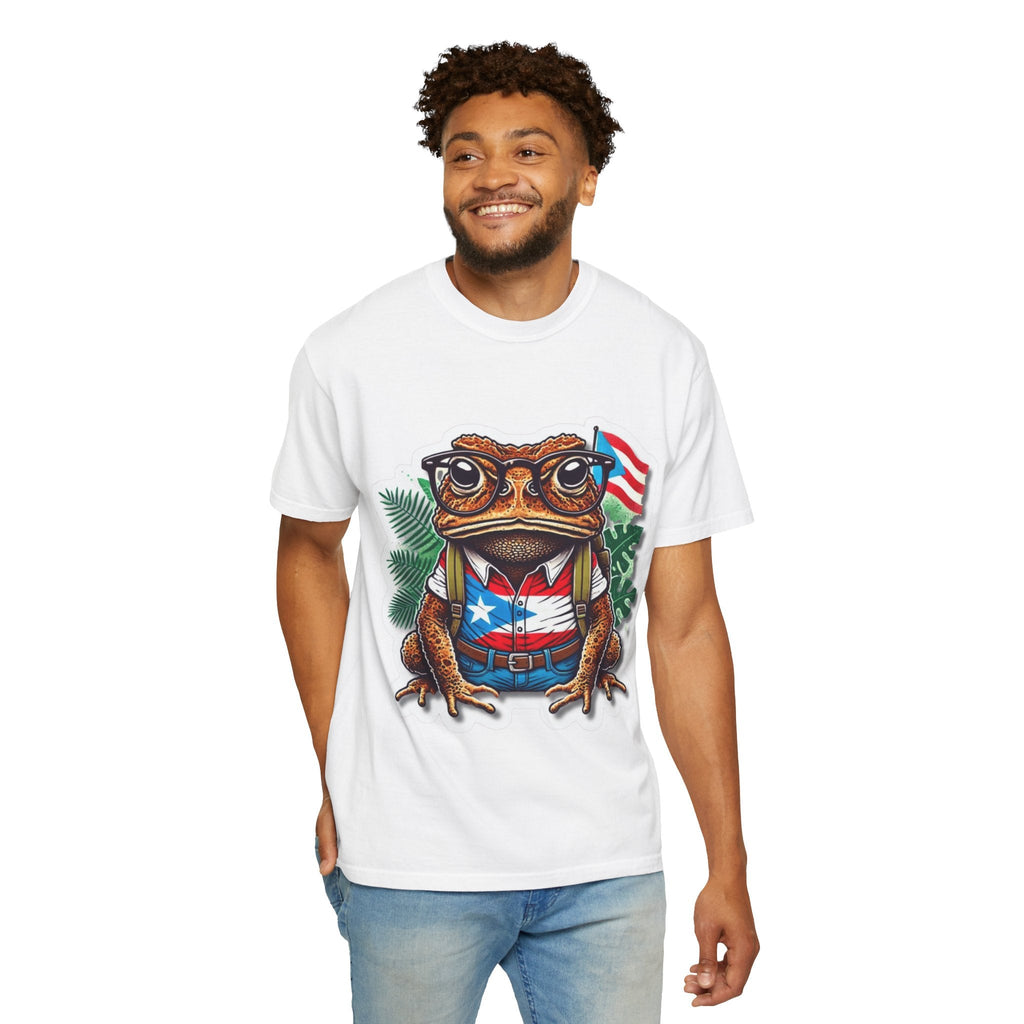 Puerto rico Patriotic Frog T-Shirt, Unisex Garment - Dyed Tee for Nature Lovers, Summer Parties, Luce tu orgullo puertorriqueño con estilo PR - Metamorphosis Creations